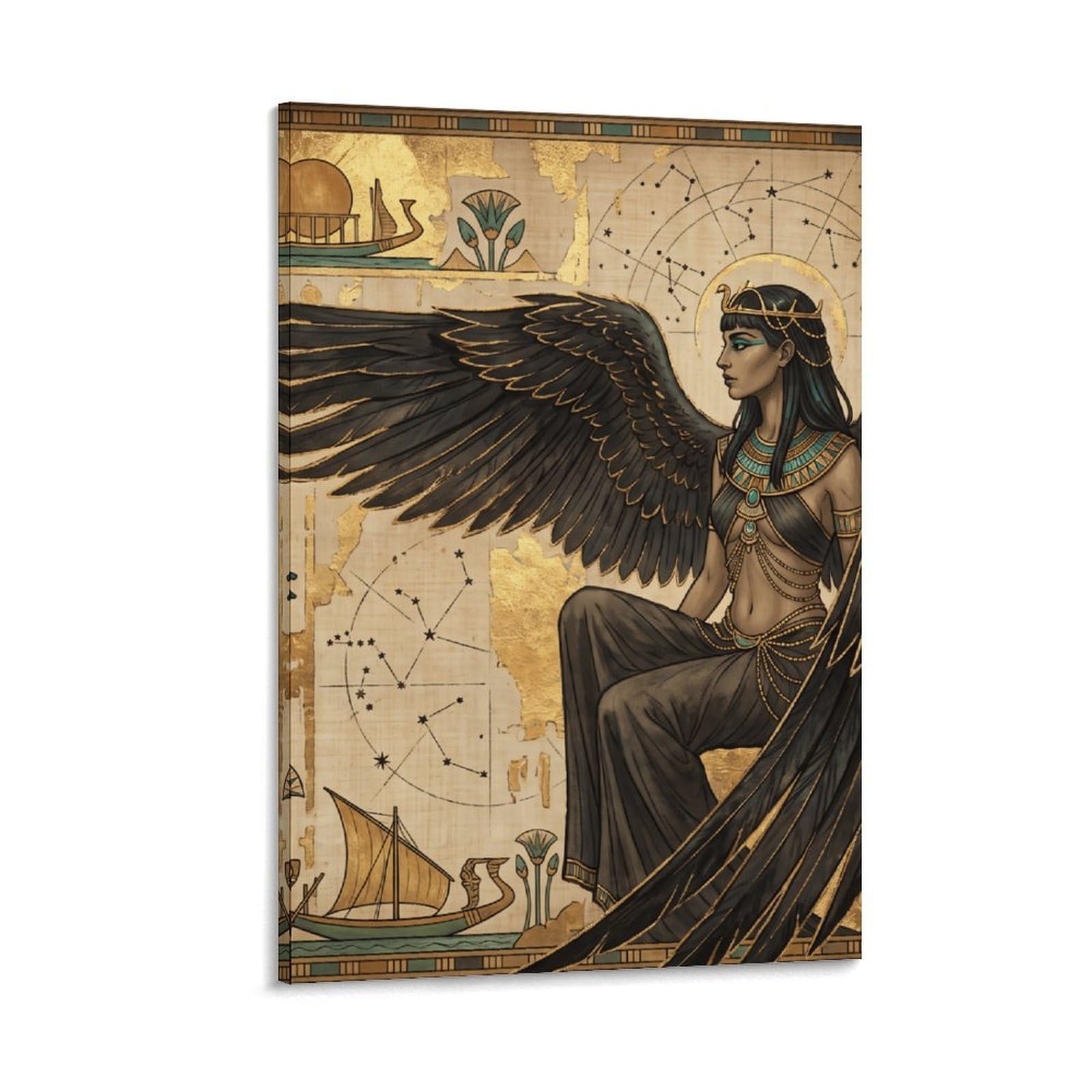 W7C8U2X3 Egyptian Winged Goddess Hieroglyphs Canvas Wall Art