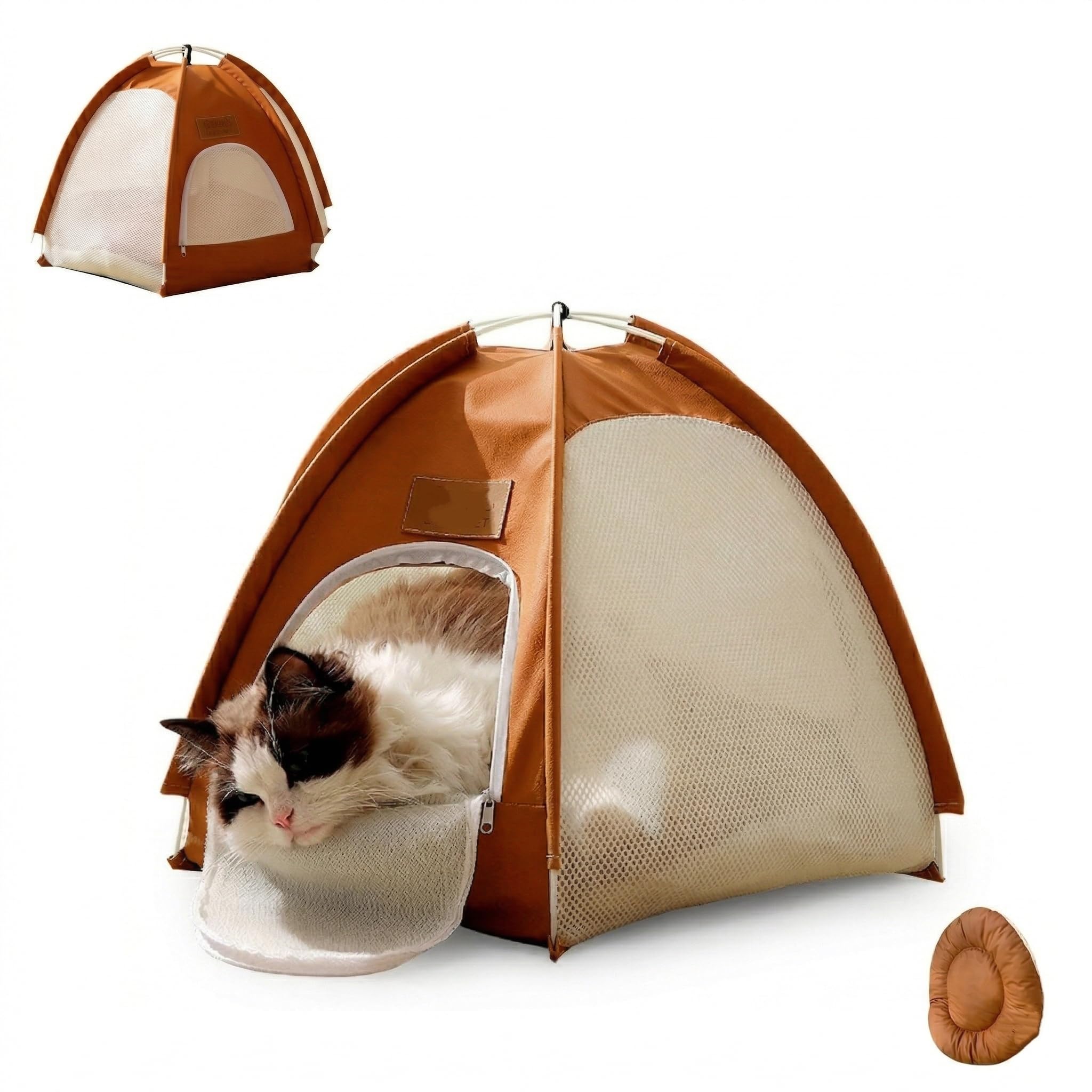 Breathable Cat Tent Bed for Indoor Outdoor, Portable Pop Up Pet Enclosure with Anti-Mosquito Mesh & Secure Zipper Door, Cozy Cave Shelter with Cushion for Cats Small Dogs Summer Travel (Orange, XL)