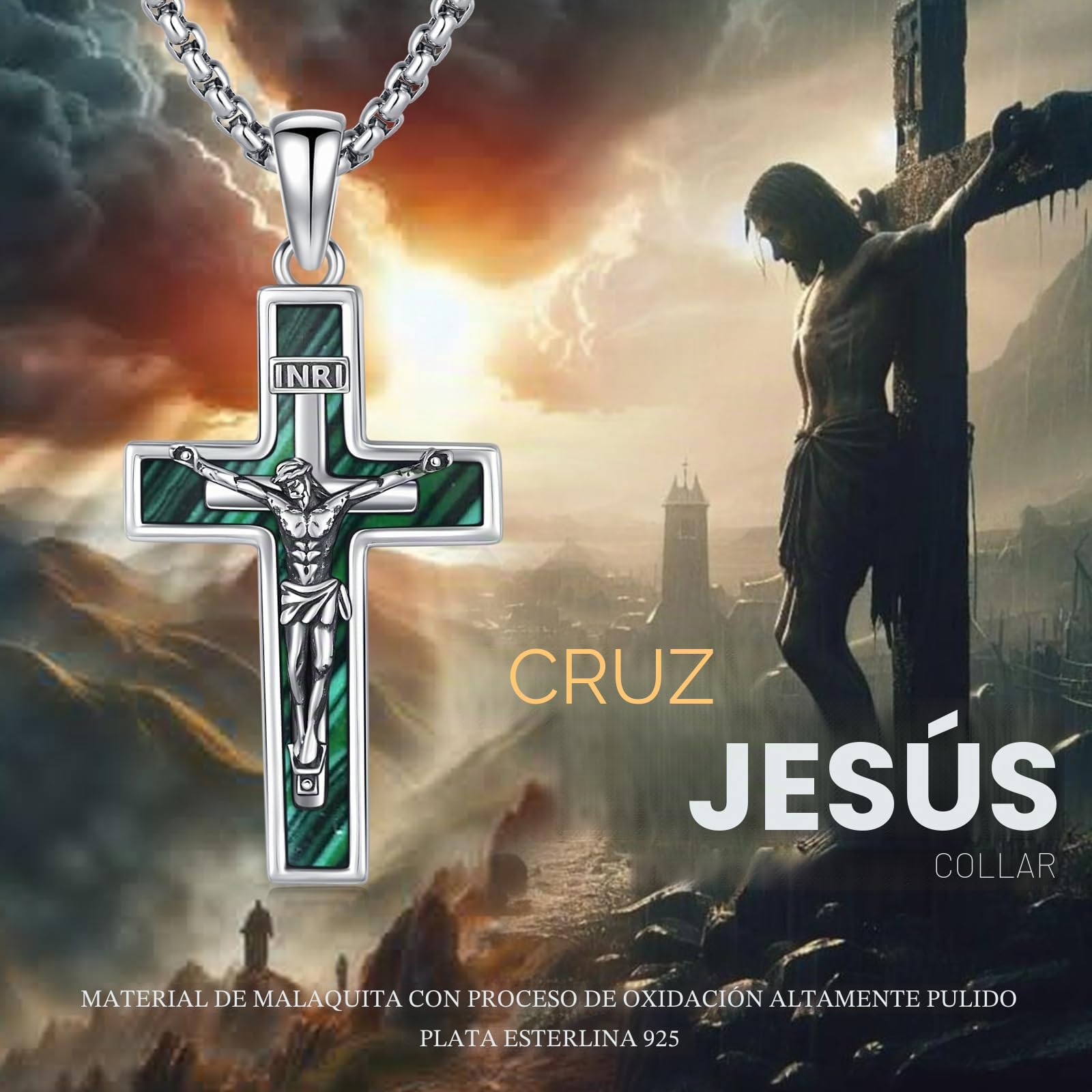 OHAYOO Cadena de cruz para hombre – Crucifijo de plata 925 colgante con abulón/turquesa/malaquita/lapislázuli y cadena de acero inoxidable – Cadena de plata cristiana para hombres