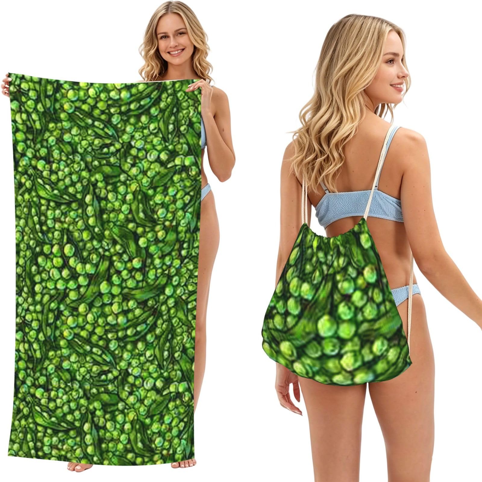 Poadnly As Picture Green Pea, 2 In 1 Packable Towel Bag, Beach Towels With Drawstring Backpack For Travel Holiday Camping