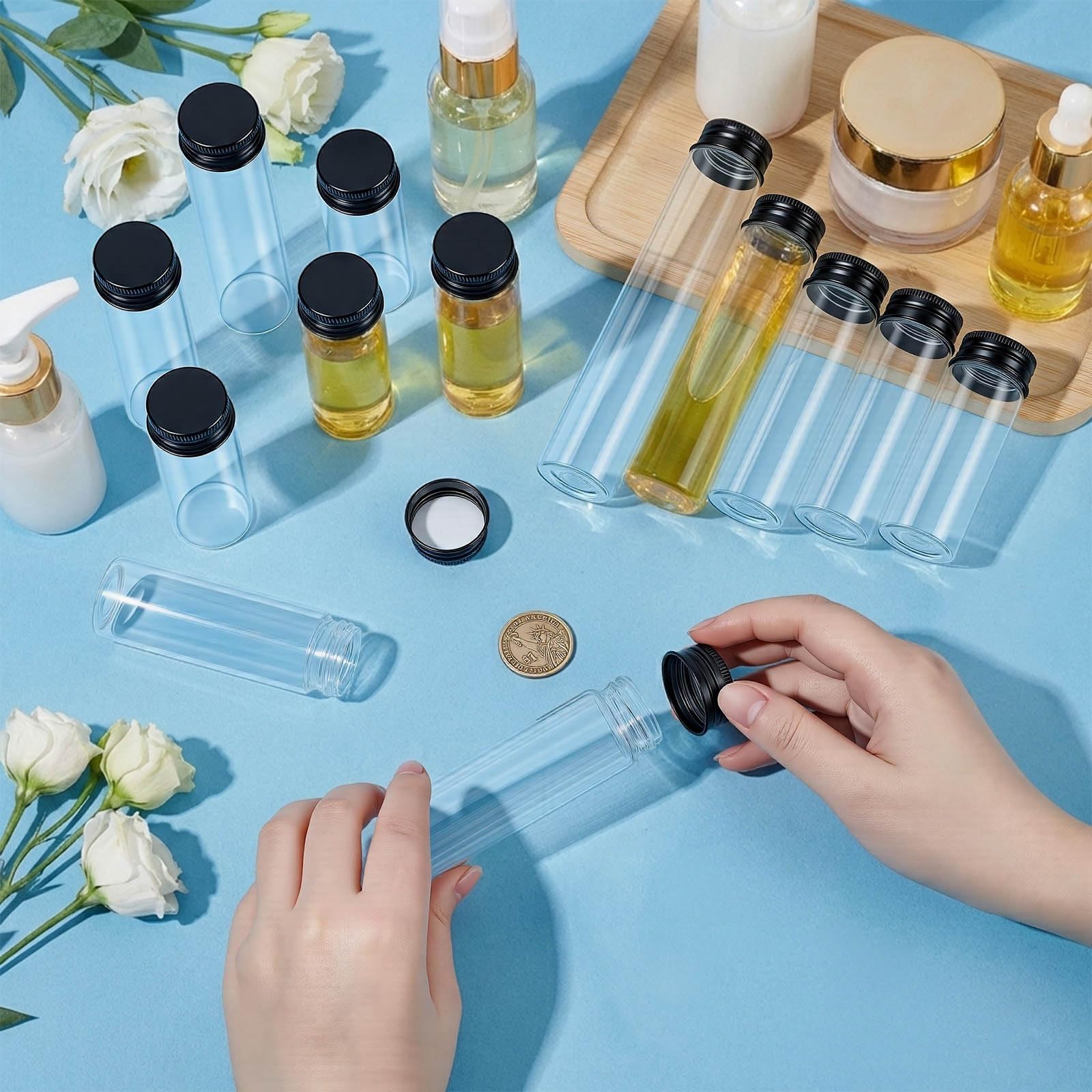 100 unidades de 80 ml/60 ml/50 ml/45 ml/40 ml, tubos de cristal transparente con tapón de rosca para sales de baño, goma de mascar y joyas (negro)