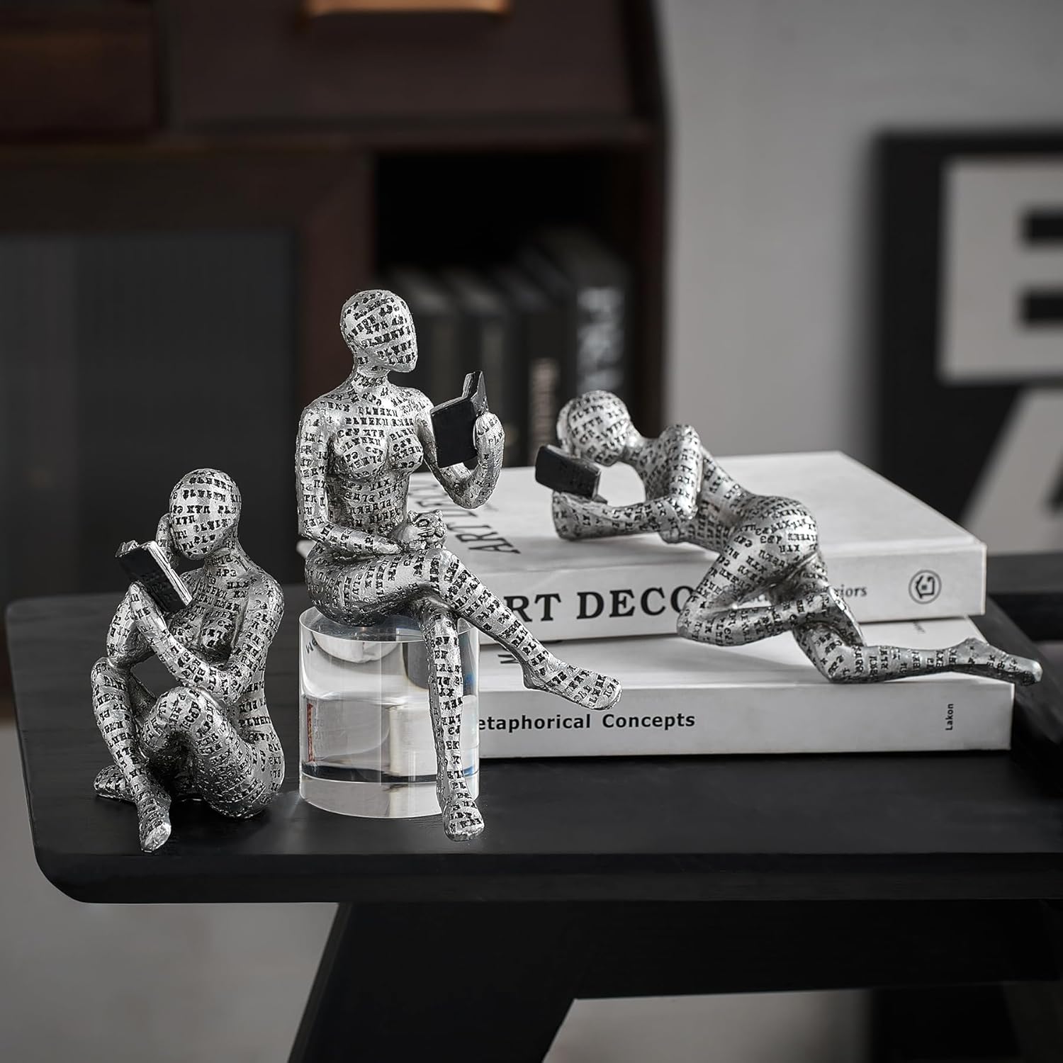 FJS 3Pcs Silver Thinker Statues Home Decor Accents, Pulp Reading Women Figurine Decorations for Living Room, Modern Abstract Sculpture for Shelves Bookshelf Coffee Table Decor, Gifts for Bookworms