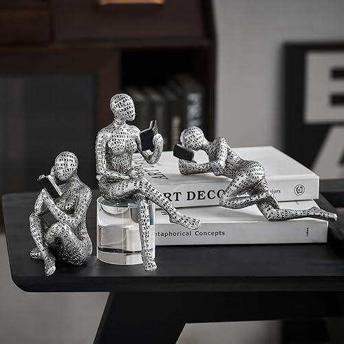 Miniatura 10 de FJS - Estatua de pensador de decoración dorada escultura de arte abstracto juego de 3 figuras coleccionables de resina dorada para decoración del