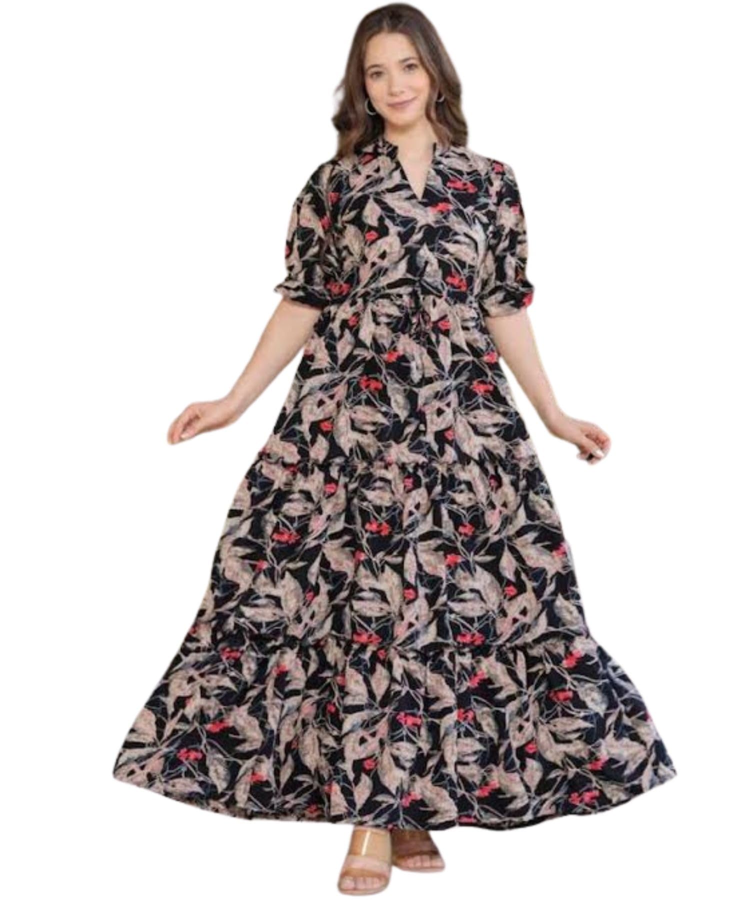 Women’s Black Cotton Short Sleeves Floral Printed Long Dress for Summer Vacation & Casual Wear-picture-31