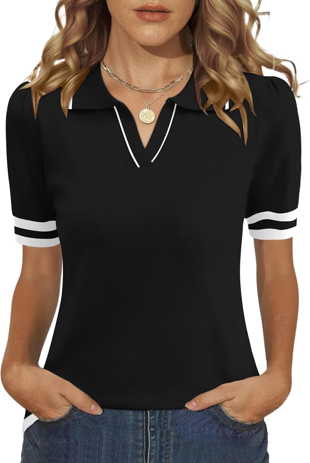 LOMON Womens Puff Short Sleeve Polo Sweater V Neck Knitted Tops Casual Ribbed Shirt Pullover Blouse