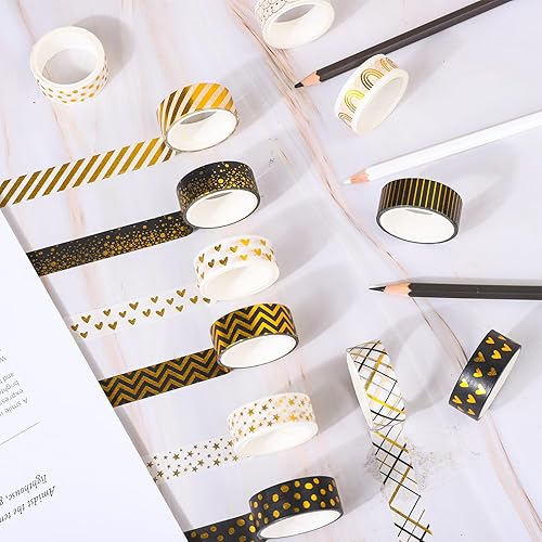Miniatura 4 de Whaline Juego de 12 rollos de cinta adhesiva con patrón de lámina dorada, diseño de corazón y puntos de arcoíris, cinta adhesiva decorativa para