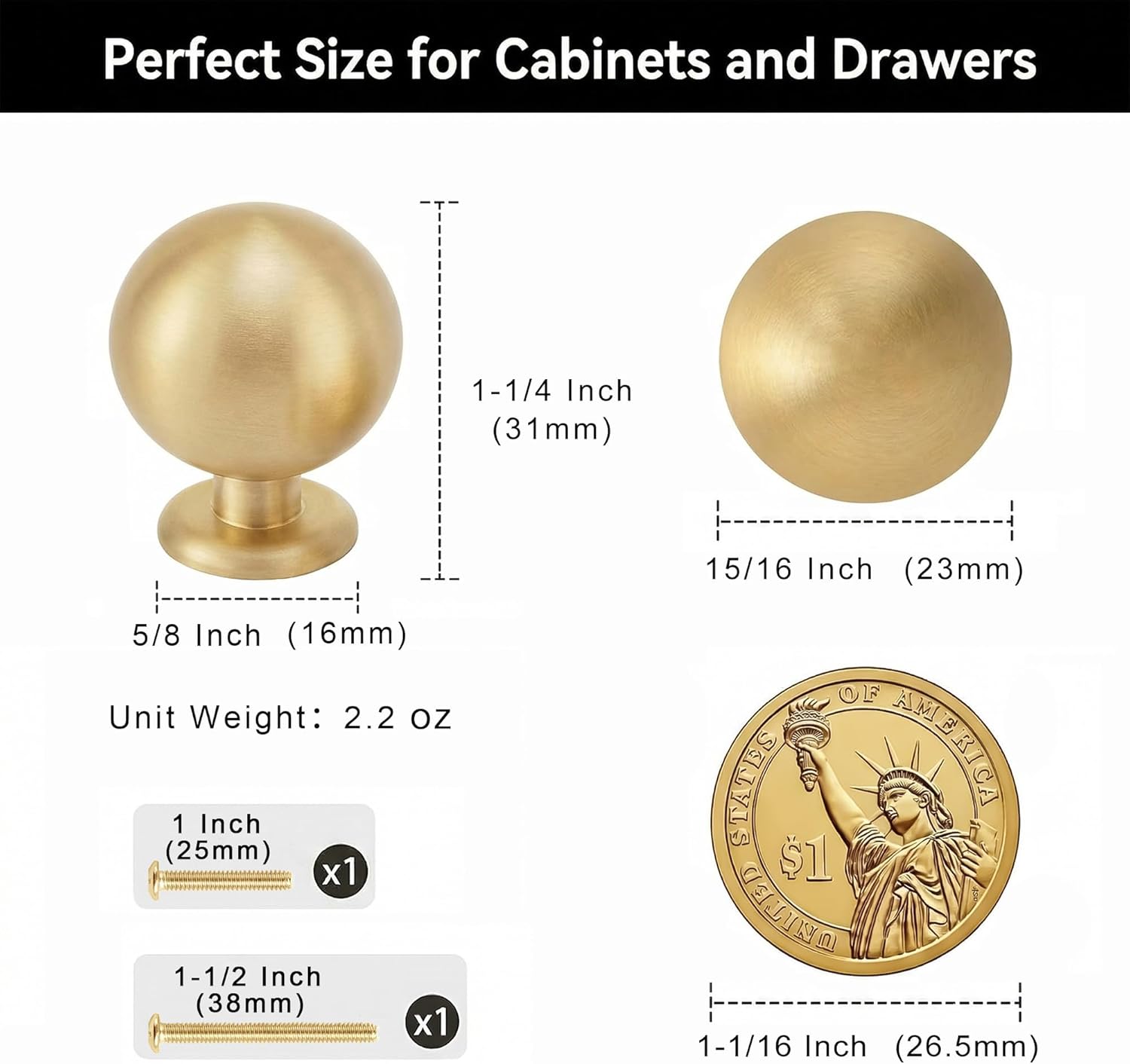 QOGRISUN 10-Pack Small Solid Brass Cabinet Knobs, Round Ball Gold Knobs for Dresser Drawer, 0.9-Inch Diameter, Mini Sphere Cabinet Pulls, Brushed Brass Finish
