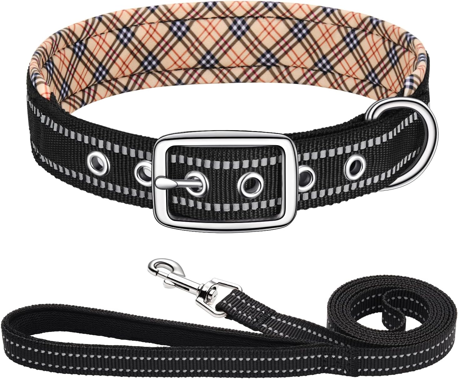AMTOR Dog Collar with Leash Set,Reflective Soft Neoprene Padded Breathable Nylon Puppy Collar for Extra-Small/Small Medium Large Dogs