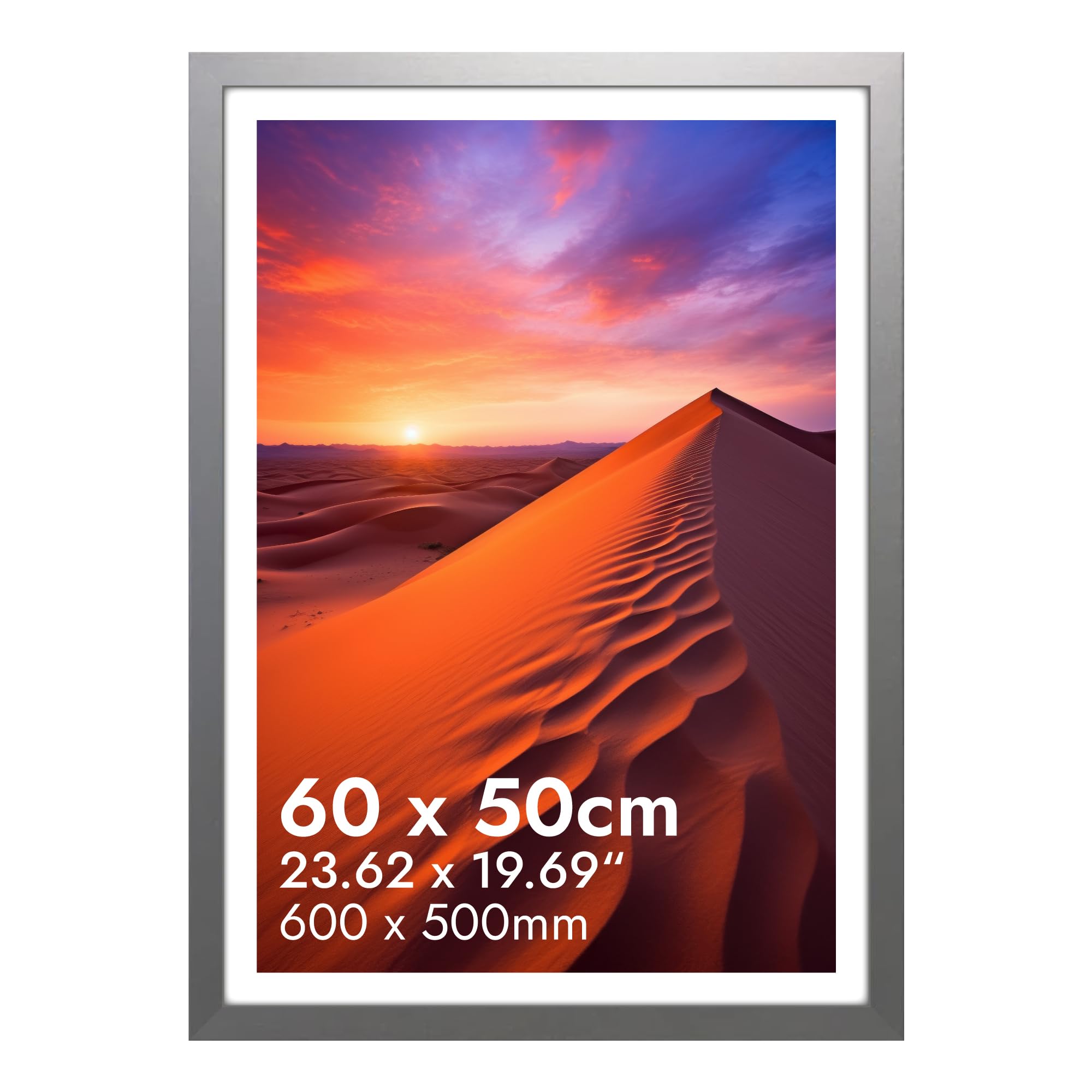 HNK Silver Picture Frames 50x60cm Engineered Wood and Plexiglass, 50cm X 60cm Frame Dual Orientation Landscape or Portrait, Poster Frame 500×600mm Wall Hanging Display Photos for Home — image 1