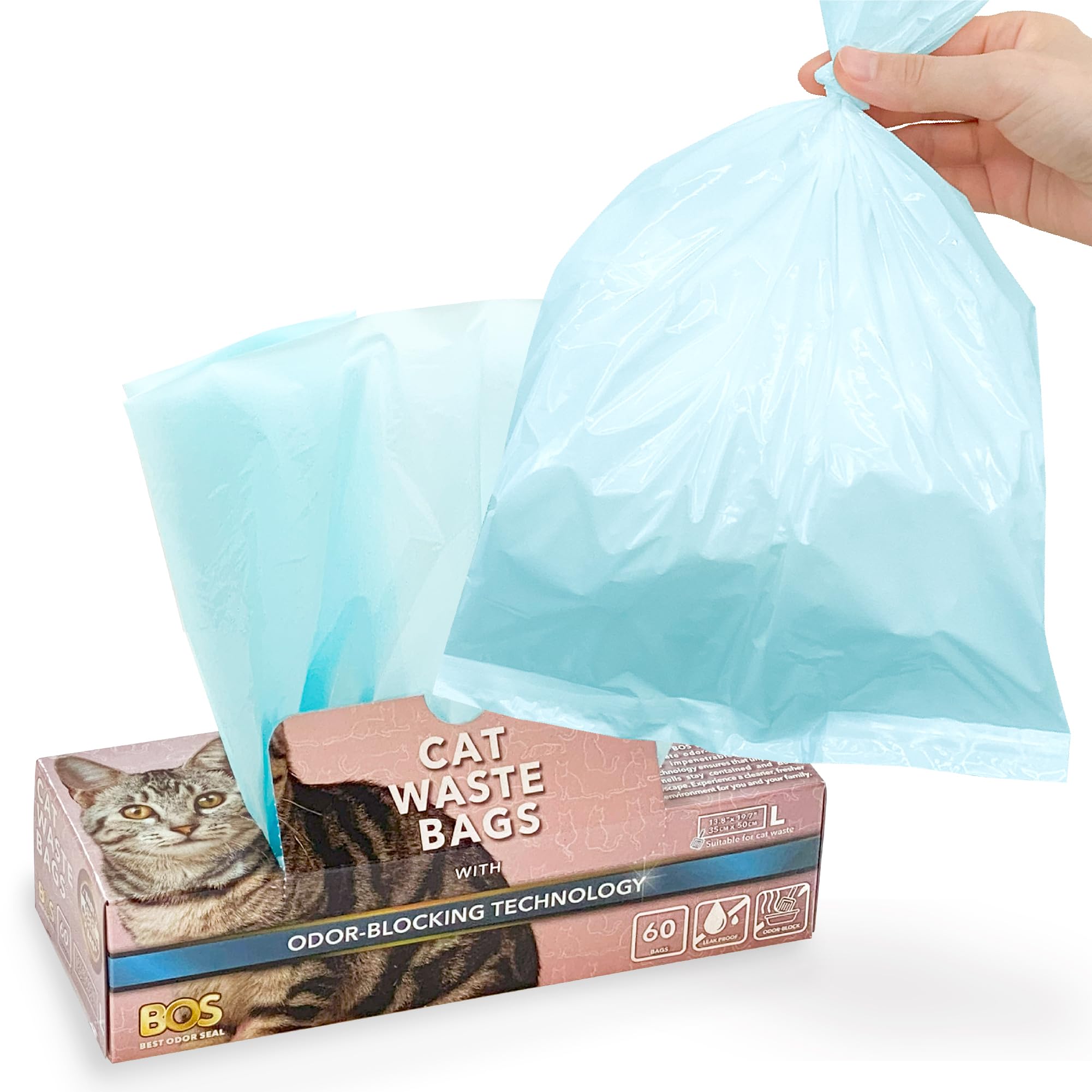 BOS, Las mejores bolsas para excrementos de gato con sellado de olores para residuos y arena de gatitos, sin olor ni olor, duraderas (60 bolsas) [Tamaño: L, color: azul claro] ★ Embalaje nuevo. ★ No