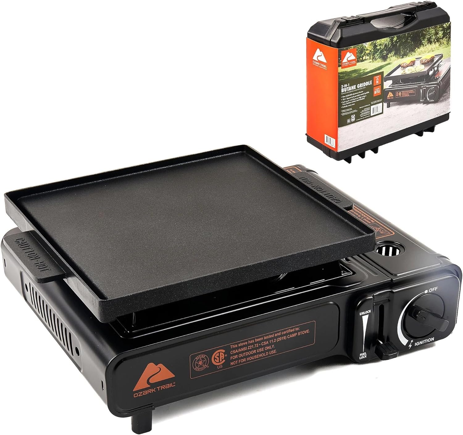 Ozark Trail 2 in 1 Butane Griddle Black, 7650 BTU Piezo-Electric Cast Aluminum Plate, Compact Lightweight Portable Grill for Outdoor Cooking, Flat Top Griddle Camping Gas Propane Grill Accessories