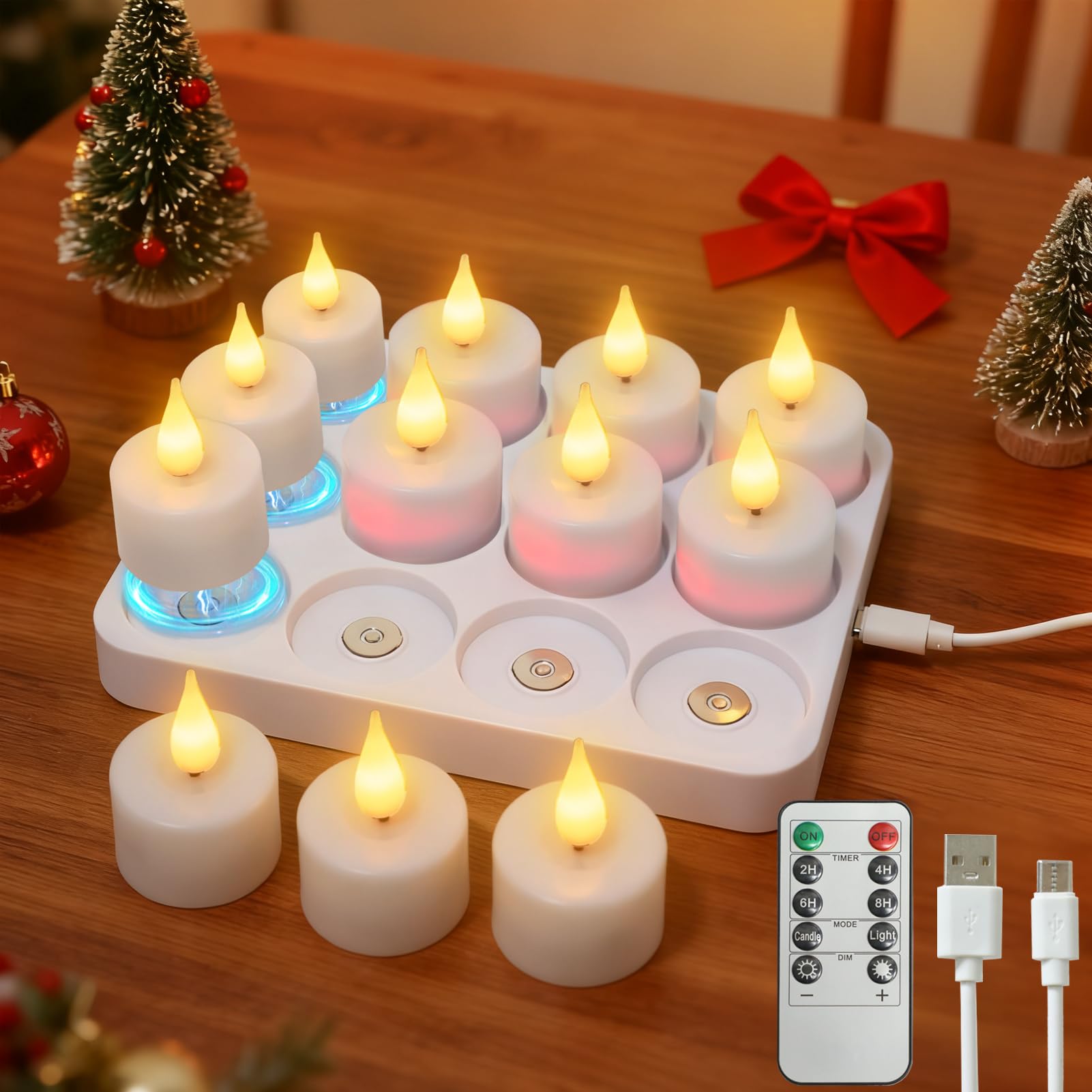 12 Stück Wiederaufladbare Teelichter mit Fernbedienung Timer Ladestation