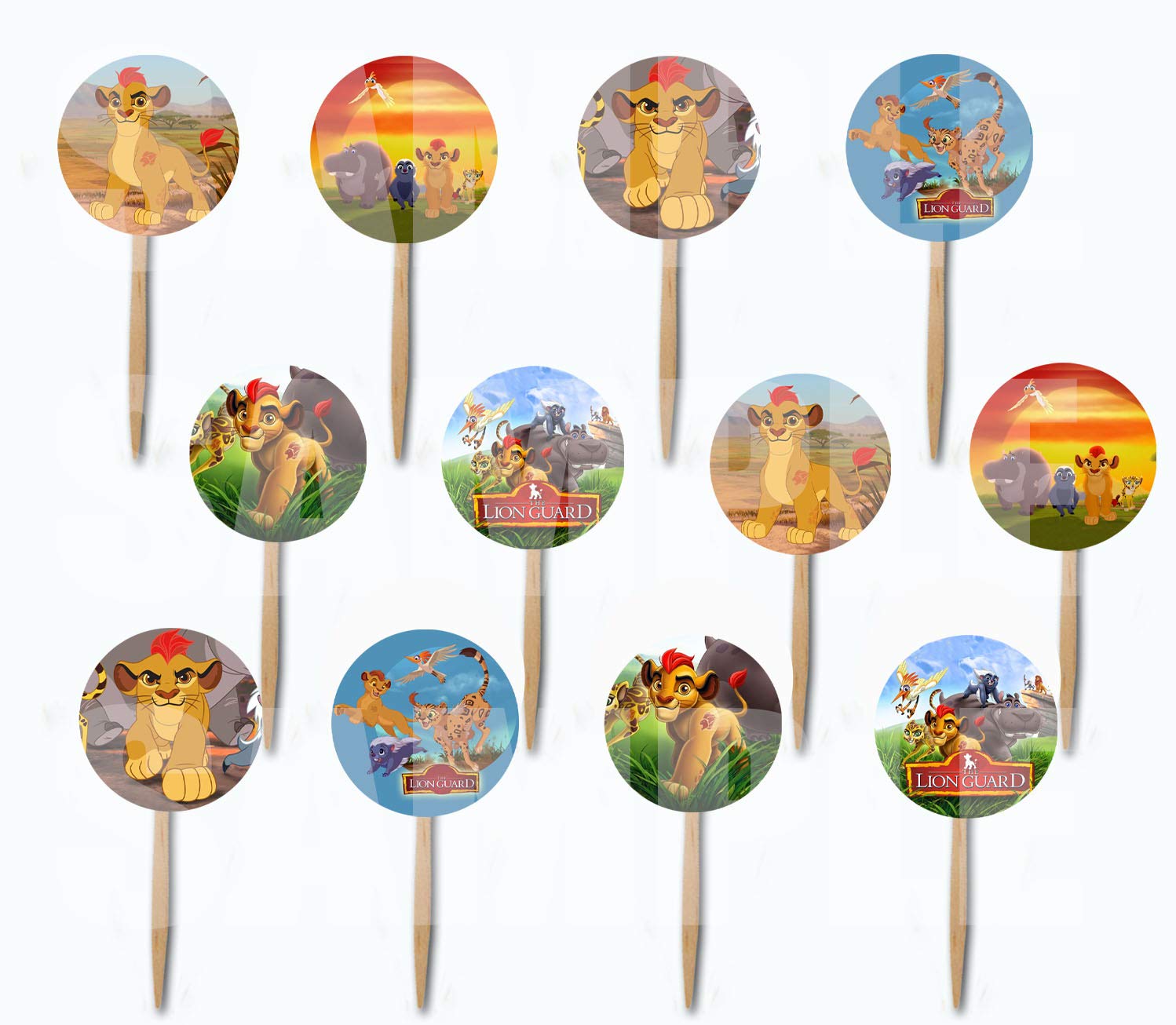 Party Over HereLion Guard Cupcake Picks Double-sided Images Cake Topper -12, Animated Cartoon Television Show SIMBA son KION sister KIARA honey badger Bunga, hippo Beshte, cheetah Fuli and egret Ono.