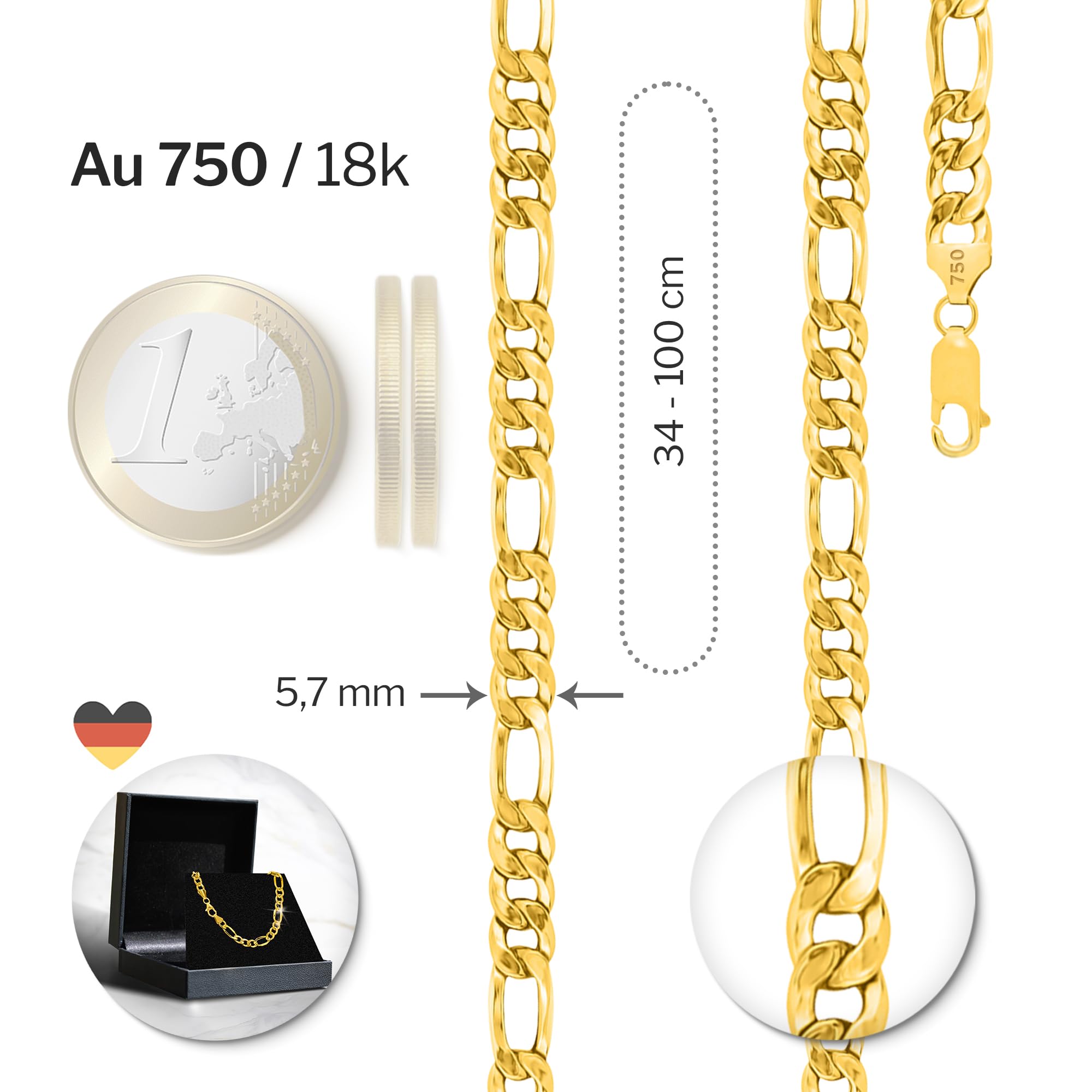 EDELIND 750/18 K Cadena Oro Amarillo Hombre 5.7mm Fígaro Hueca Long. 50 cm Peso Aprox. 14.7g Joya con caja de regalo