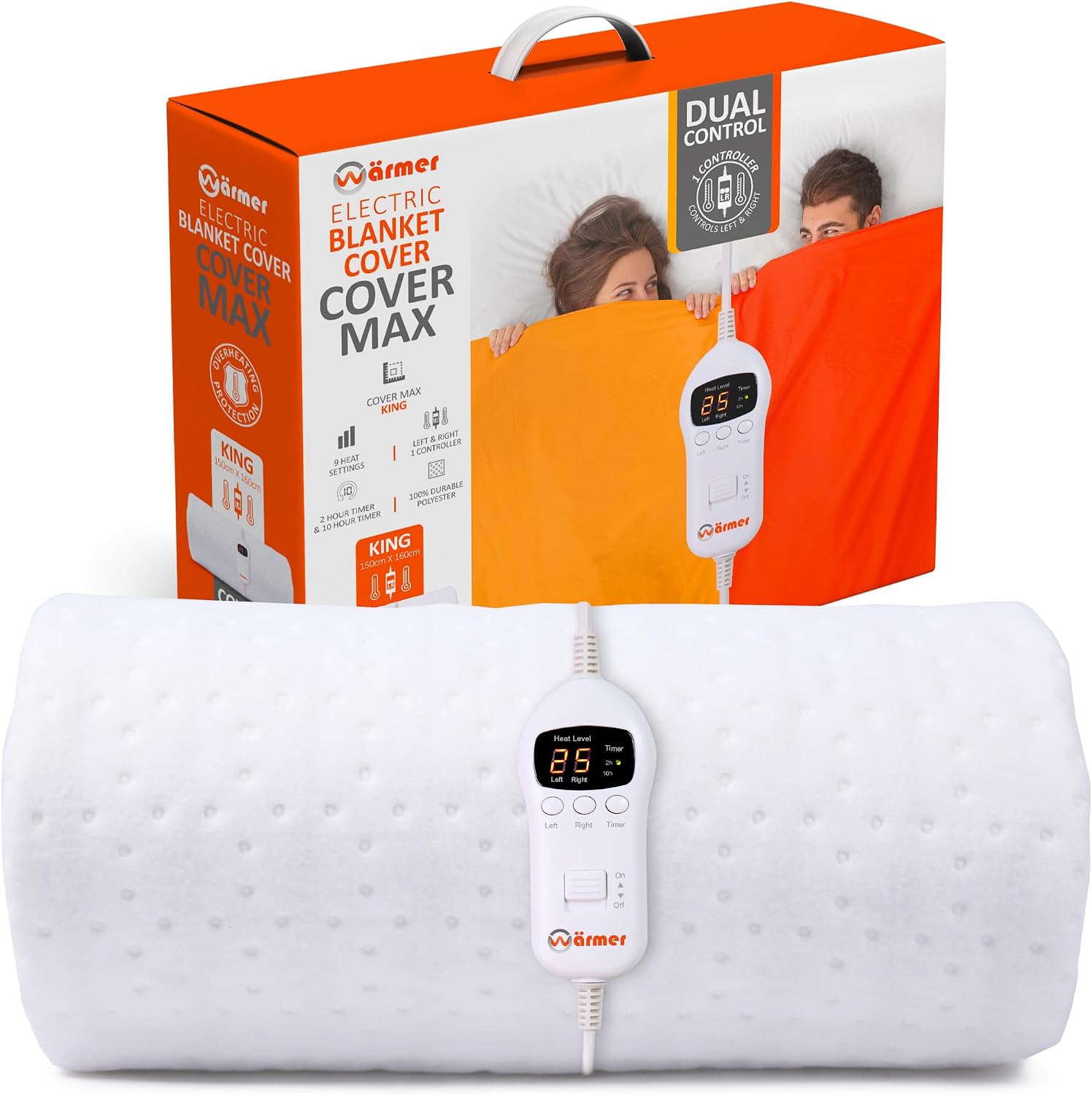 WARMER Electric Blanket - King Size, Maximum Coverage, Left & Right Dual Heating Zones, 9 Heat Setting, 2 and 10 Hour Timer - King Size 150cm x 160cm