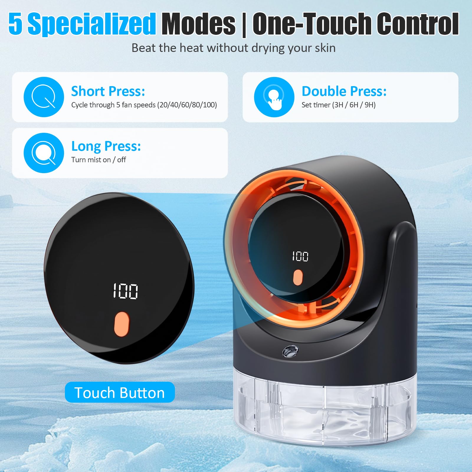 Ventilatore da Tavolo e Umidificatore 2 in 1, Ventilatore da Tavolo Silenzioso con Serbatoio Dell'acqua da 450 ml, Ventilatore Umidificatore da Tavolo Ricaricabile,Regolabile a 90°, 3/6/9H Timer
