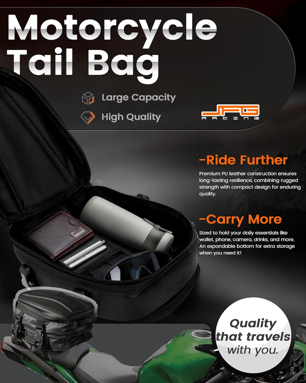 JFG RACING Motorcycle Tail Bag,12L Dual Use Seat Helmet Bag Backpack Universal for Motorcycle Motorbike Street Dirt Bike Accessories