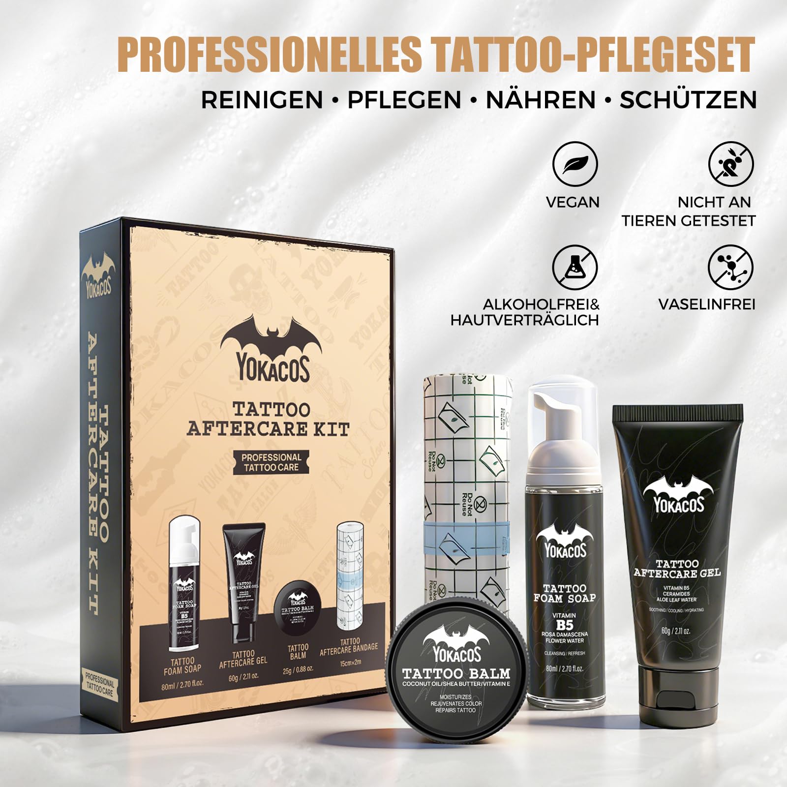 4-teilig Professionelle Tattoo Nachsorge Set mit Tattoo Creme, Reinigungsschaum, Gel& Bandage – Natürliche & Sanfte Formel Für Frisches & Altes Tattoo Fördert Heilung & Farberhalt