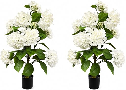 2 Pcs 3 Ft Faux Hydrangea Tree, Hydrangea Artificial Flowers for Outdoors, Real Touch Fake Hydrangea with Large & Plump Blooms for Front Door Porch Patio Home Decor White