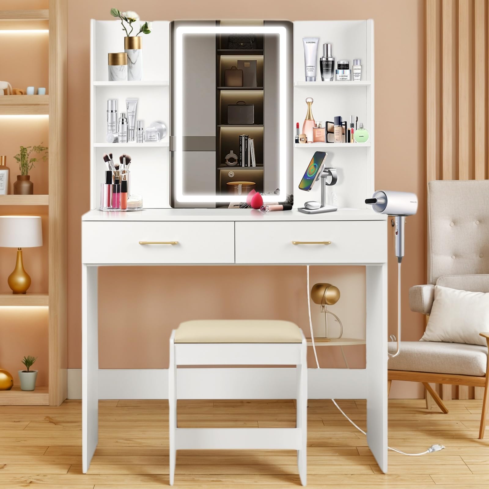 Photo 1 of ***MIRROR NOT INCLUDED*** QUALIKRAFT Lighted Makeup Vanity Desk with Power Outlet & Stool, White Dressing Table with LED Mirror, with Drawers, 6 Shelves for Bedroom Organization, Gift for Women