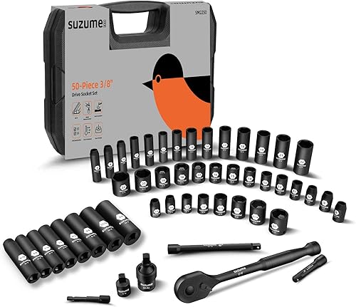 SUZUME Juego de llaves de impacto de 3/8, acero Cr-V, 6 puntas, accionamiento de 3/8", 50 piezas métricas estándar (8-22mm) y SAE (5/16-pulgadas a