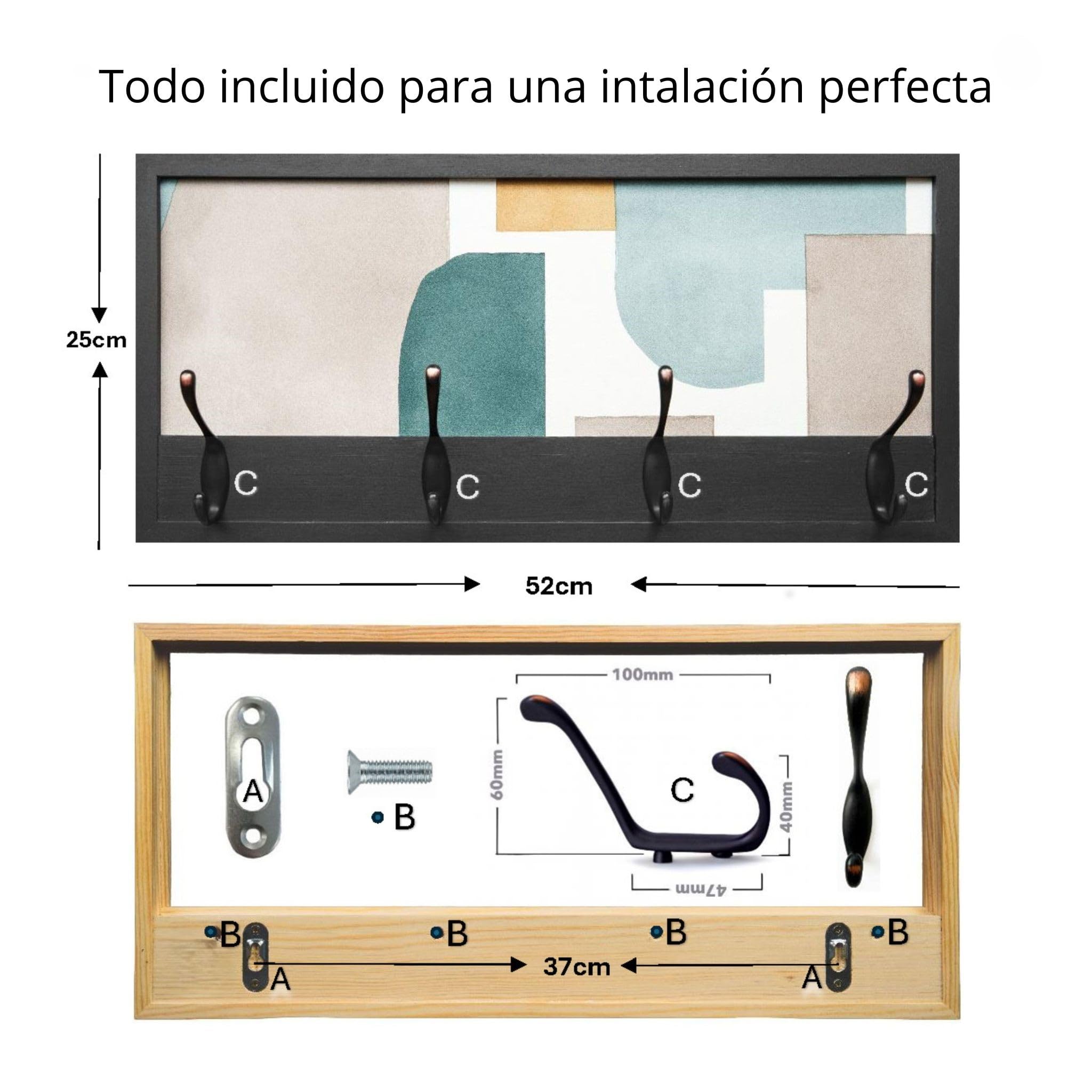 Perchero Pared Madera 52x25cm Contemporáneo Negro 4 Ganchos | Hecho en España. 4 ganchos dobles (8 colgadores) para ropa y abrigos. Ideal para entrada, salón u oficina.