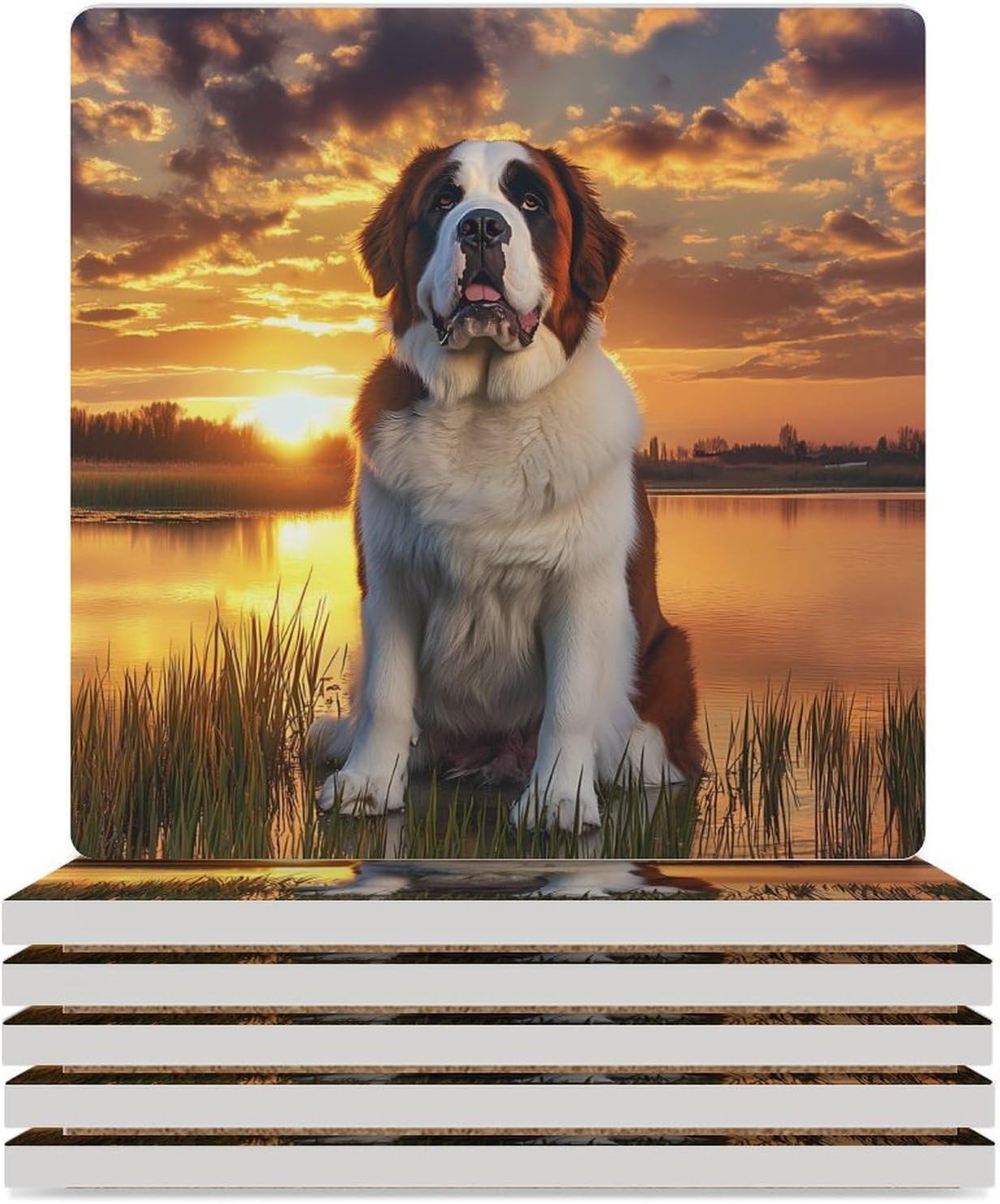 Saint Bernard Dog Sunset Funny Ceramic Coasters for Drinks Absorbent Cup Holder Tabletop Protector with Cork Base