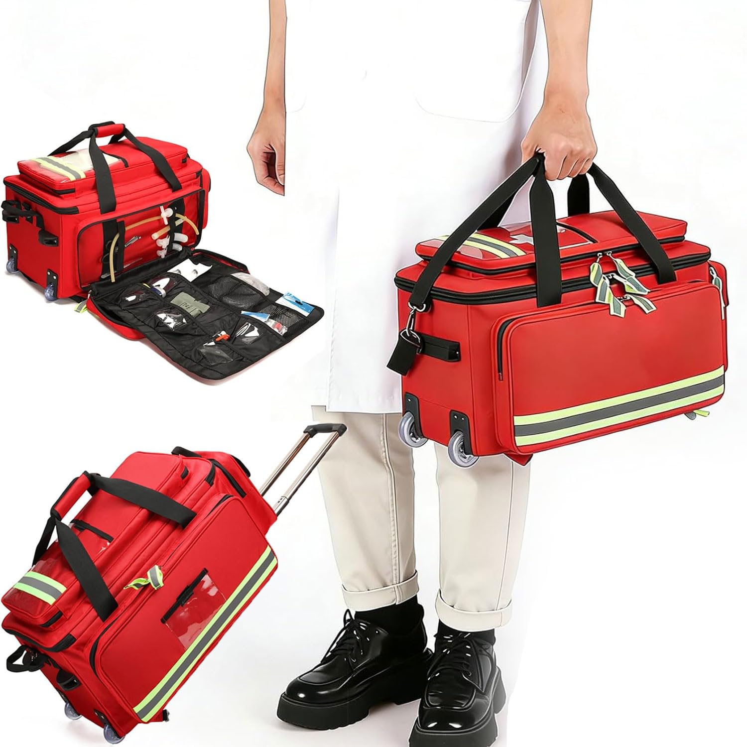 JOSBY Bolsa de Emergencia con Ruedas y Carrito Desmontable, Bolsa médica con Carrito de Gran Capacidad vacía, Bolsa de Primeros Auxilios, Bolsa de Emergencia con divisores extraíbles, para médicos