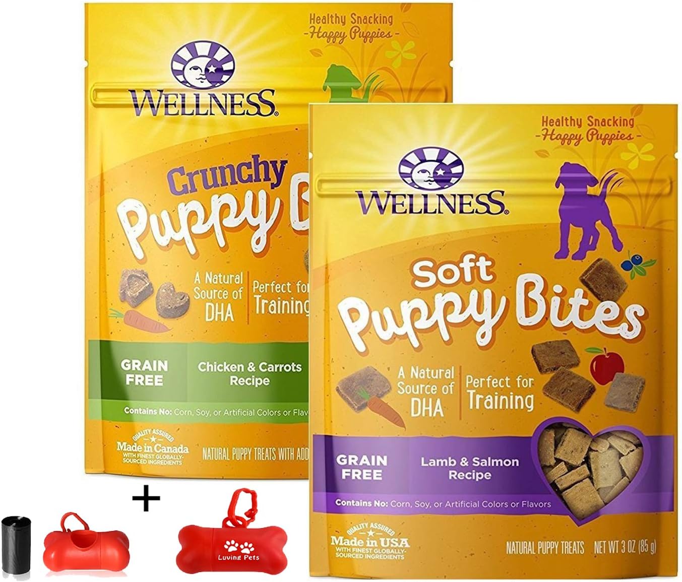 Wellness Puppy Bites Natural Grain Free Puppy Training Treats Variety Pack Including Luving Pets Waste Bag Dispenser