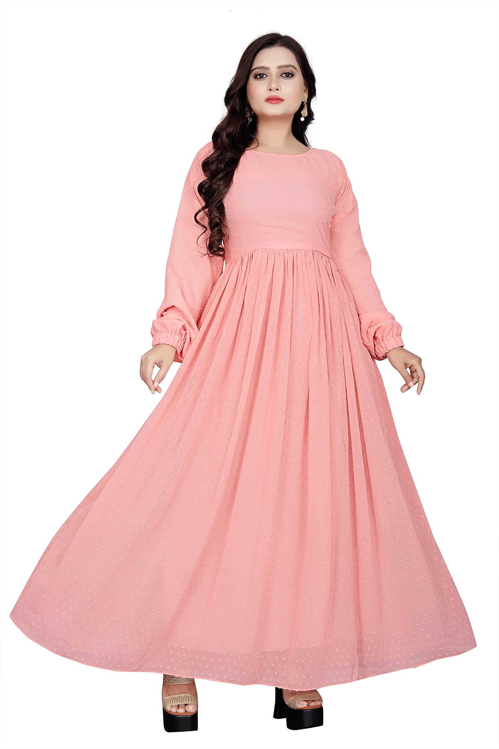 Elegant Peach Gown Crepe Lining for No Transparency Umbrella Pattern Long Sleeve Round Neck Flared Anarkali Style-image-39