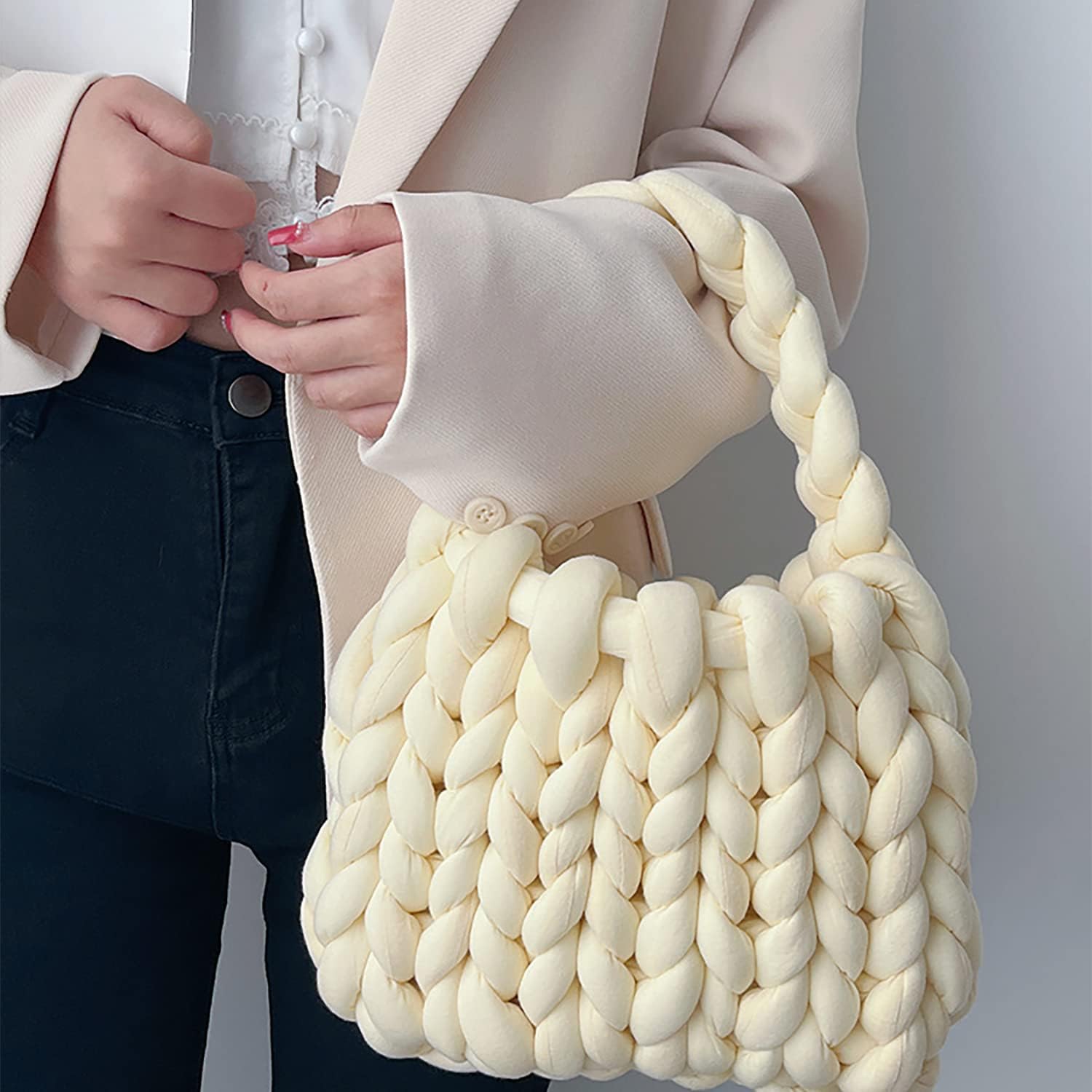 Thick Bulky Giant Wool Handwoven Handbag,Chunky Yarn Knit Shoulder Bag,Casual Soft Purse,Braided DIY Bucket Bag - Image 3