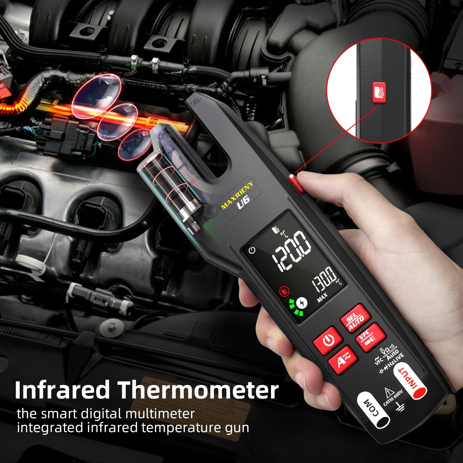 Offene Stromzange AC DC 600A mit Automatisches Multimeter Digital 9999 Zähler und IR Thermometer, Gleichzeitige Messung von Strom und Spannung, Aufladbarer Spannungsprüfer Kapazitätsmesser
