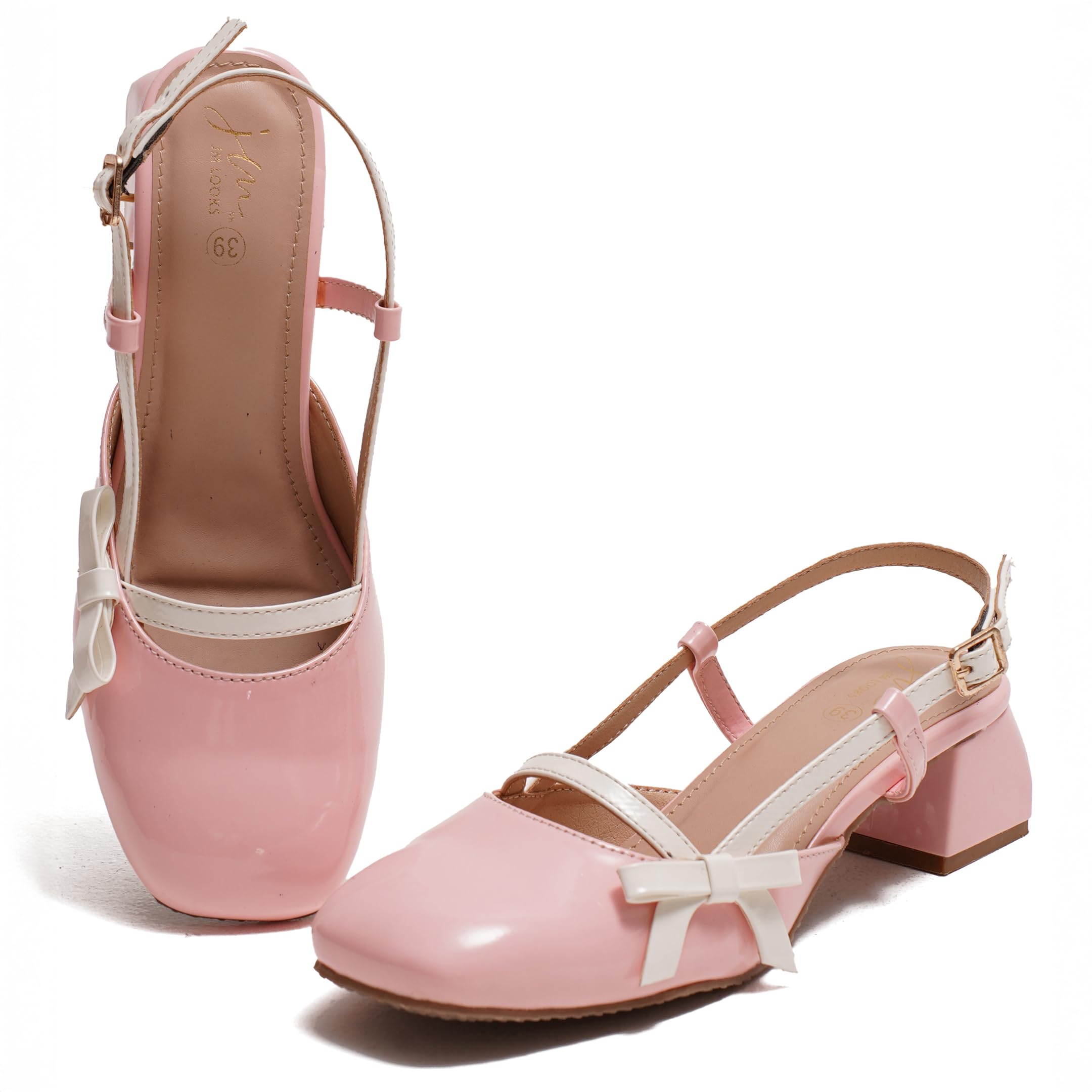 Women's Glossy Buckle Strap Mary Jane Block Heel with Bow Detail