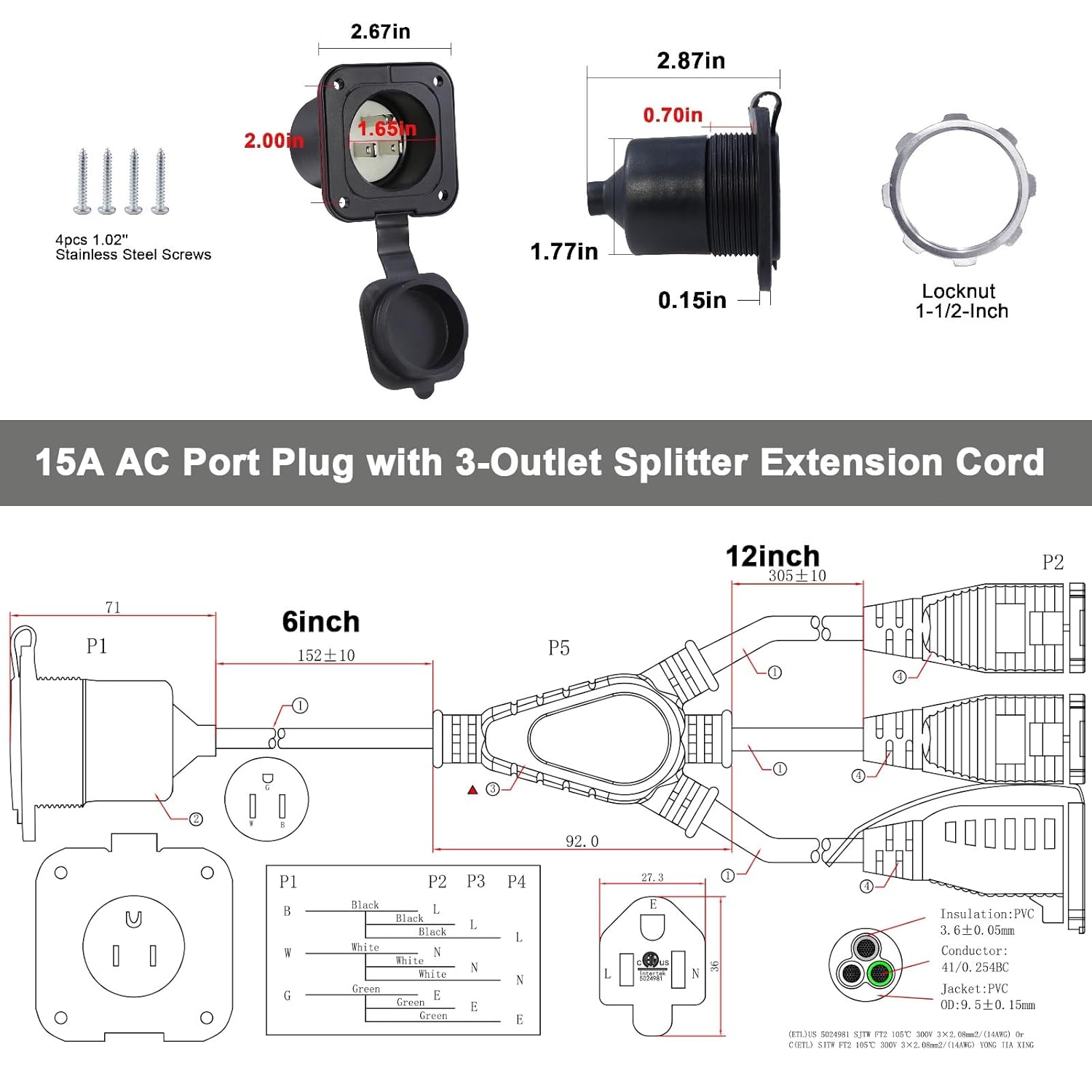 KUNCAN 15A AC Port Plug - 125V Power Inlet Socket with Triple 18 Inch Extension Cord, NEMA 5-15 Plug Flanged Inlet with Waterproof Cover Outdoor Extension Cable, Shore Power Outlet for RV Boat Trailer
