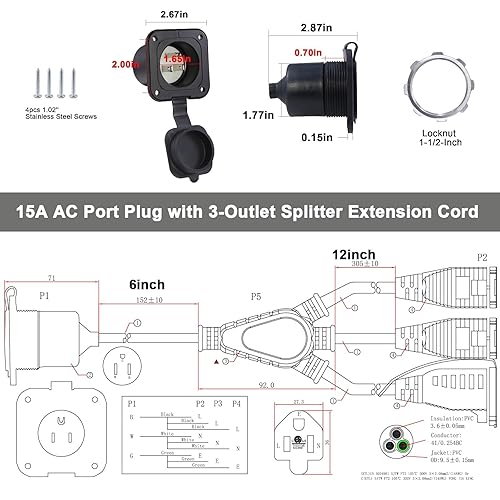 Miniatura 5 de KUNCAN Enchufe de puerto de CA de 15 A, enchufe de entrada de alimentación de 125 V con cable de extensión triple de 18 pulgadas, enchufe NEMA 5-15