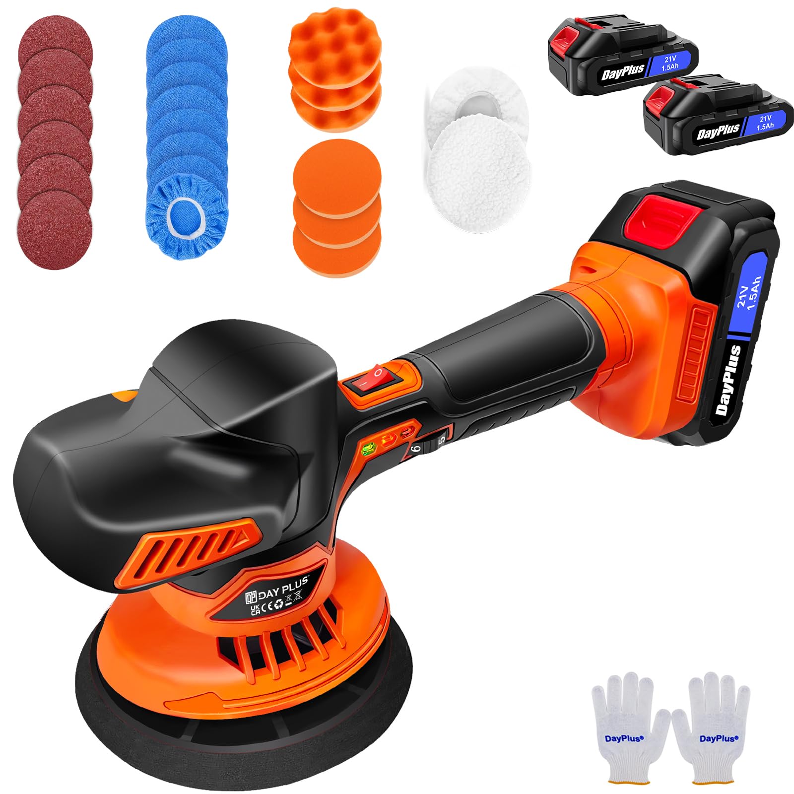 Pulidora de batería de 21 V, juego de 22 unidades, pulidora excéntrica de 12 mm para coche, 8 velocidades variables, pulidora excéntrica para pulir y encerar muebles de suelo de coche