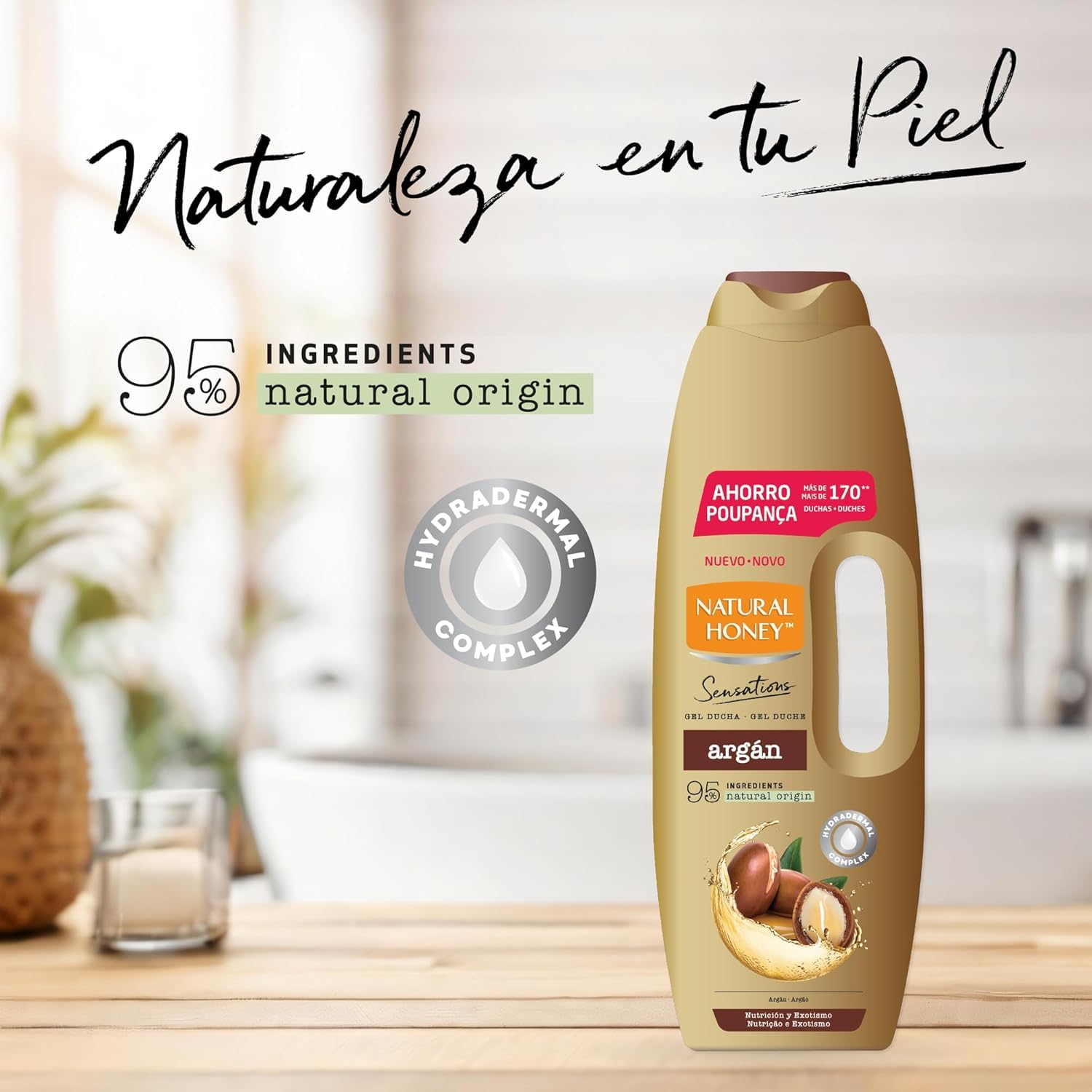 Natural Honey, Gel de Ducha con Extracto de Argán Nutritivo y Reafirmante, con Hydradermal Complex para una Piel Sedosa e Hidratada, Ingredientes de Origen Natural, Línea Sensations, 1350 ml