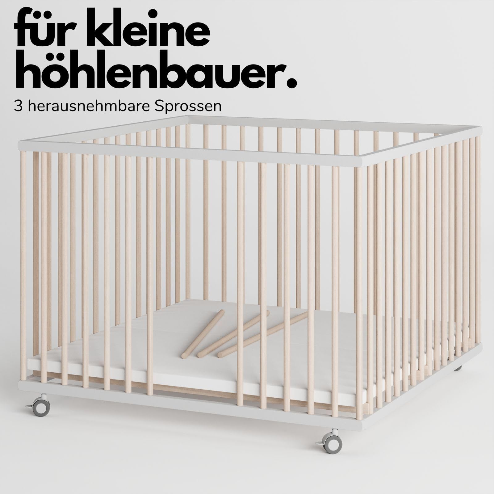 Sämann® Laufgitter 100x100 cm mit Matratze und Schlupfsprossen, stufenlos höhenverstellbar, Baby Laufstall, Buche, gummierte Rollen, Buche weiß/natur lackiert