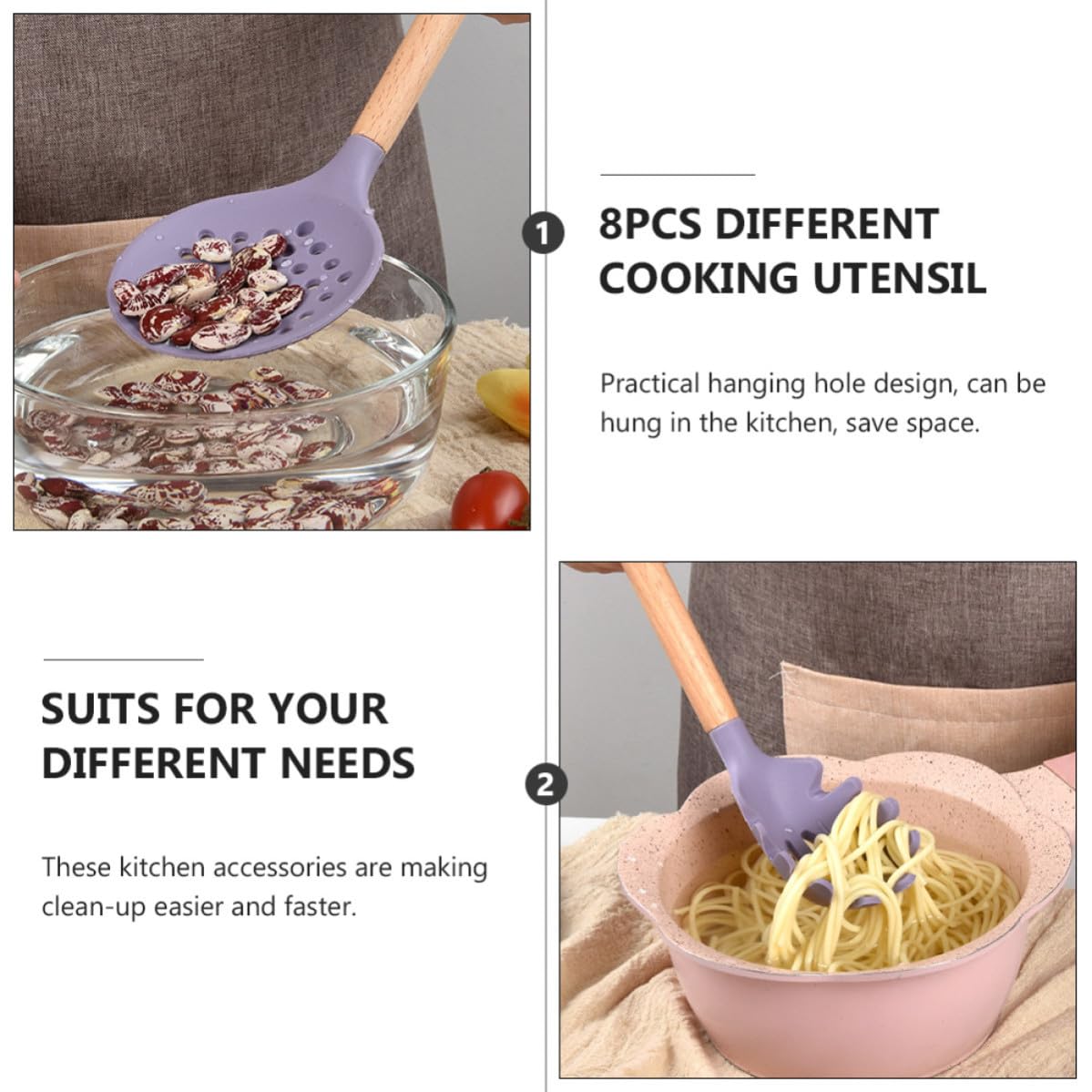 Set Utensili Cucina in Silicone Manico in Legno