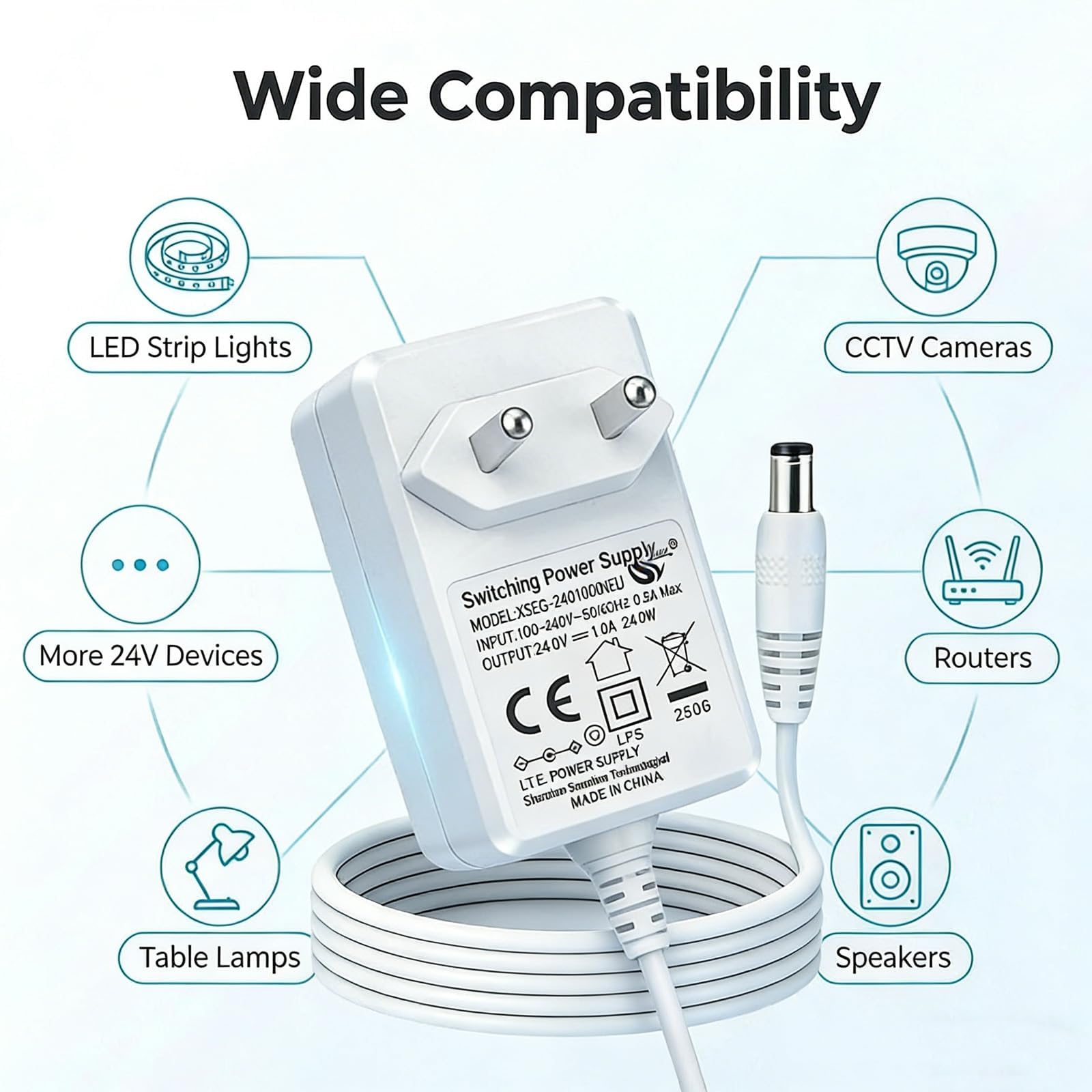 24V 1A Fuente de Alimentación Universal para Tiras LED, Adaptador 24W de Transformación AC 200-240V a DC 24V con Cable 1,5m, Enchufe EU, Conector DC 5,5 x 2,1mm, Cargador 24v — view 5