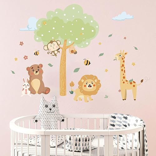 Calcomanías de pared de animales de bebé de la selva, monos, leones, jirafas, animales del bosque, calcomanías de pared  Guardería de bebé,