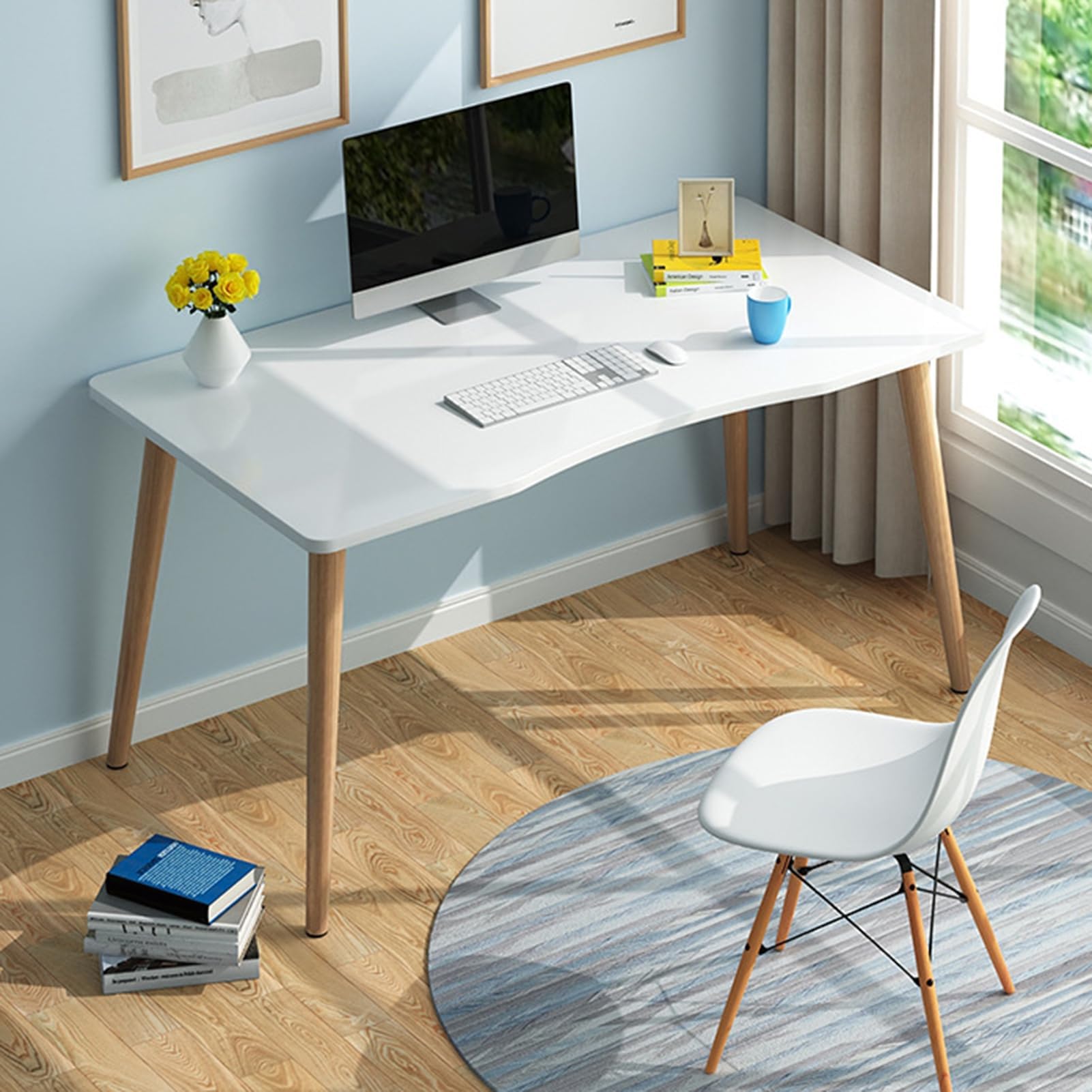 Bureau d'ordinateur OSKOPWRC Blanc, 100 x 60 cm, Bureau d'étude, Bureau de travail, Table de jeu, Blanc, Style nordique, Bois naturel