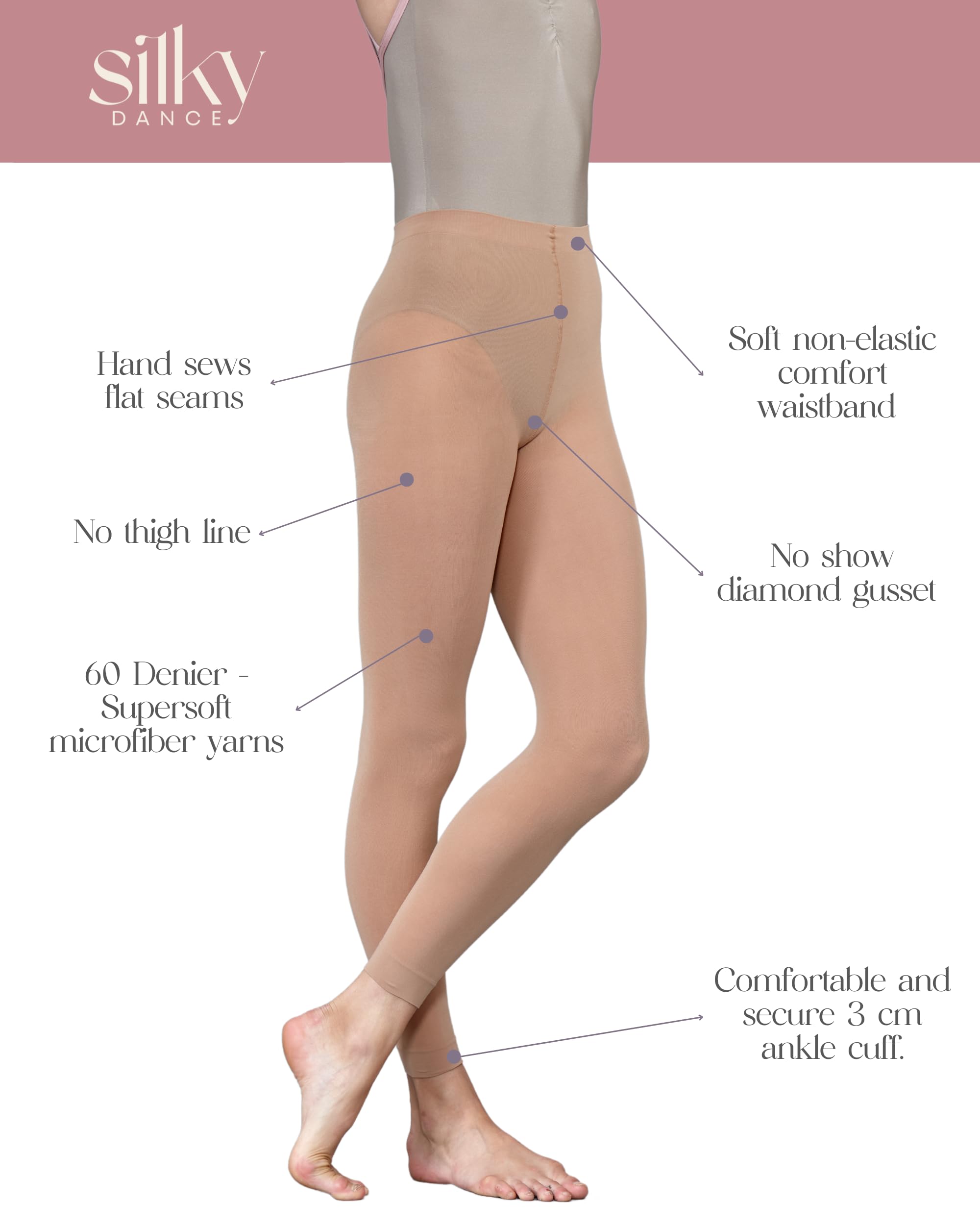 Lot de 2 paires de collants de danse sans pieds 60 deniers pour filles, enfants, tout-petits, adultes, femmes, en noir, bronzage clair et rose