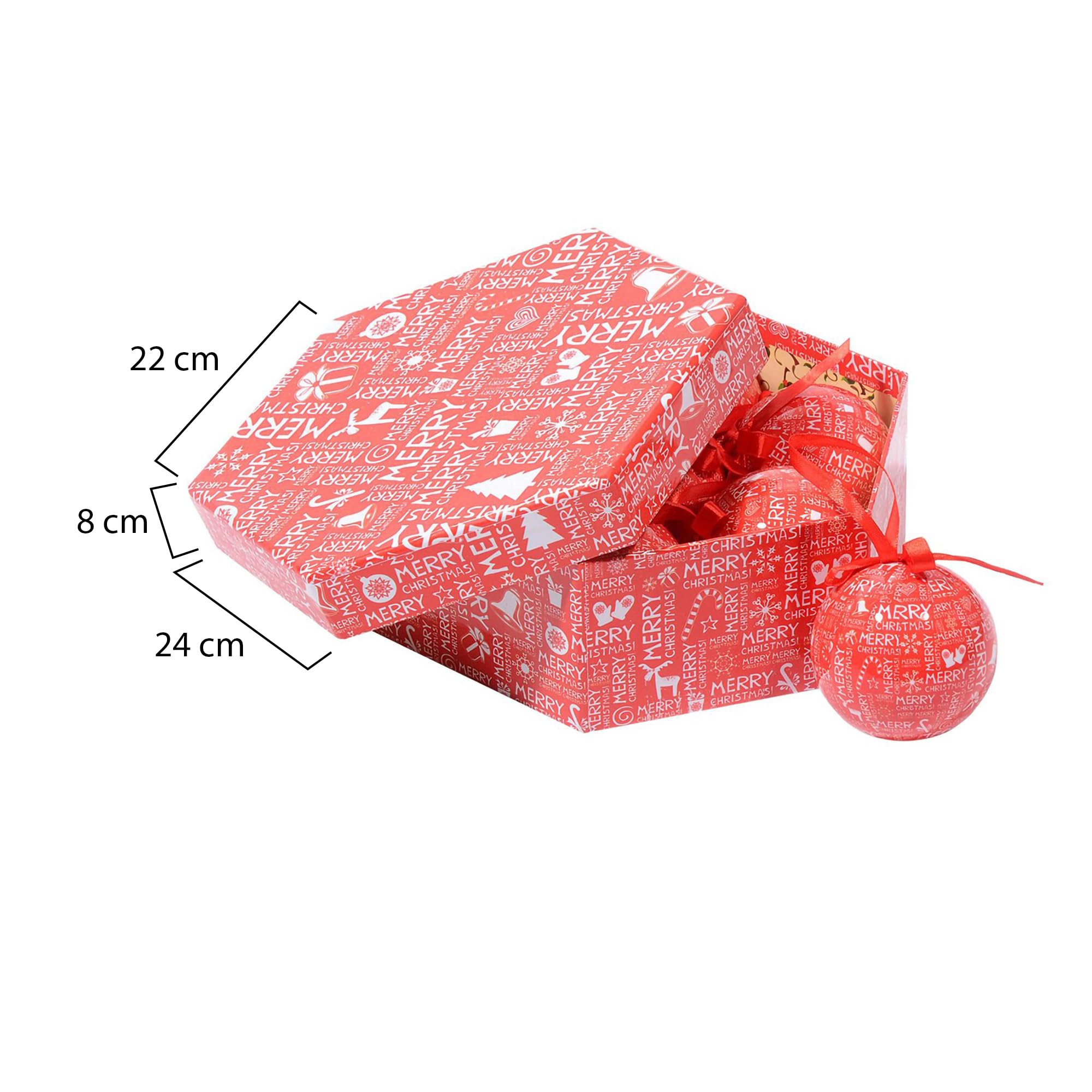 Dmora Boîte 7 boules de Noel, fantaisie écrite, ensemble assortiment de boules de Noel, boîte d’arbre de Noel hexagonal, diamètre 7,5cm, rouge et blanc