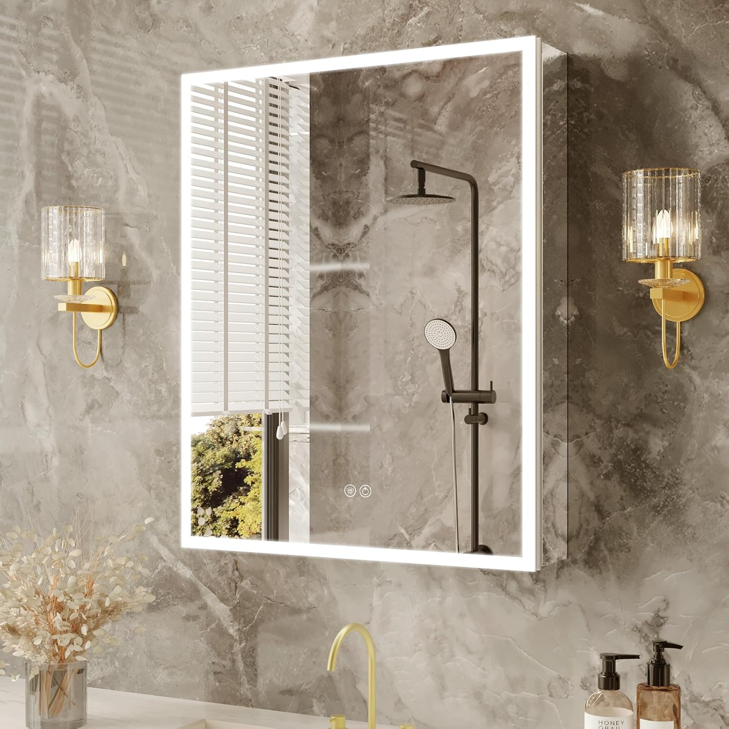 Lighted Medicine Cabinet with Mirror 24x32 IN, LED Medicine Cabinet Mirror with 3-Colors Dimmable Light, Defog, Medicine Cabinet with Lights Built-in Sensing Light, 2 Sockets, Recessed or Wall Mount