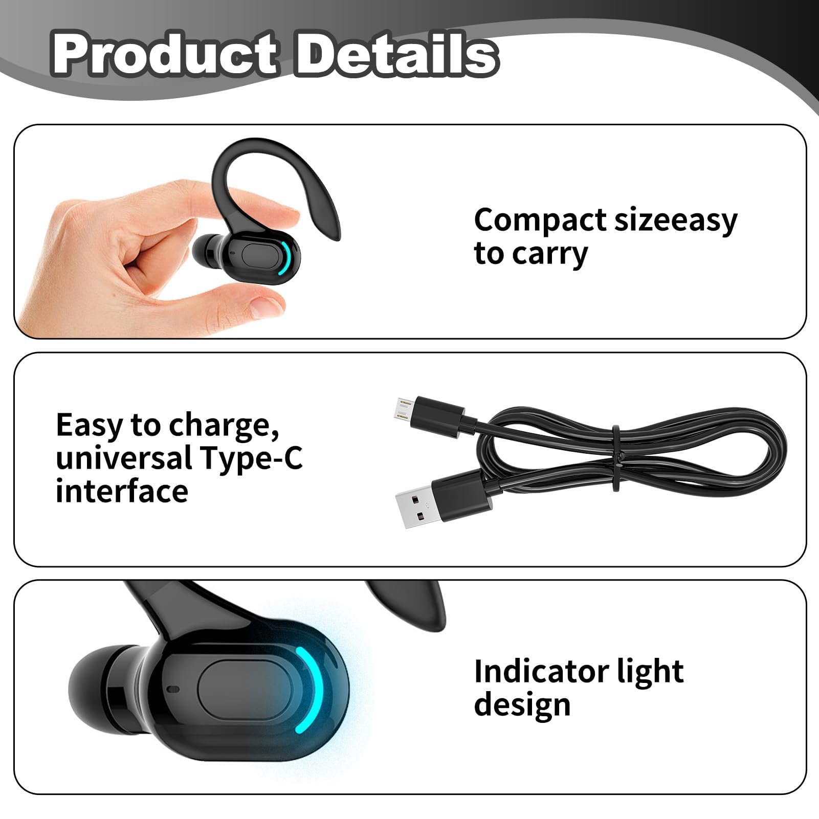 Oreillette Bluetooth sans Fil Mono, Écouteur Mono avec Micro Intégré, Kit Main Libre Professionnel avec Micro à ecouteurs de Bruit pour iPhone Android PC, Bureau, Conduite, Sport, oreillette Tour 360°