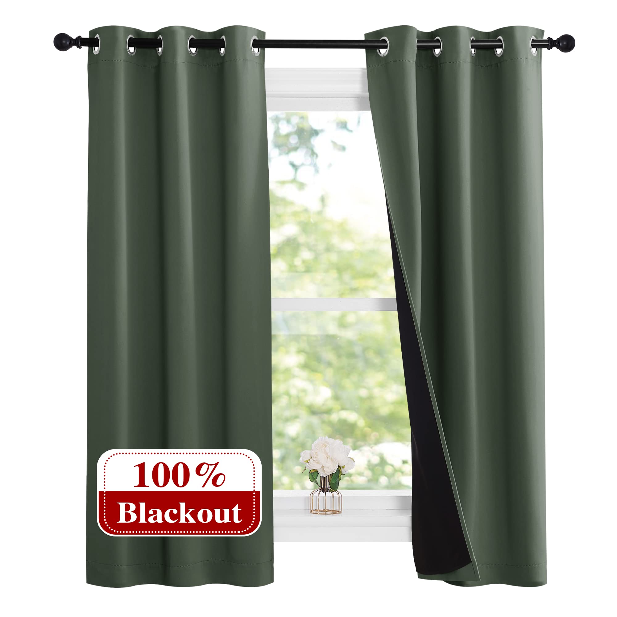 NICETOWN Dark Mallard 100% Blackout Lined Curtains, 2 Thick Layers Narrow Wide Window Treatment Panels Thermal Insulated Drapes for Kitchen Small Window (1 Pair, 37" Width x 63" Length Each Panel)
