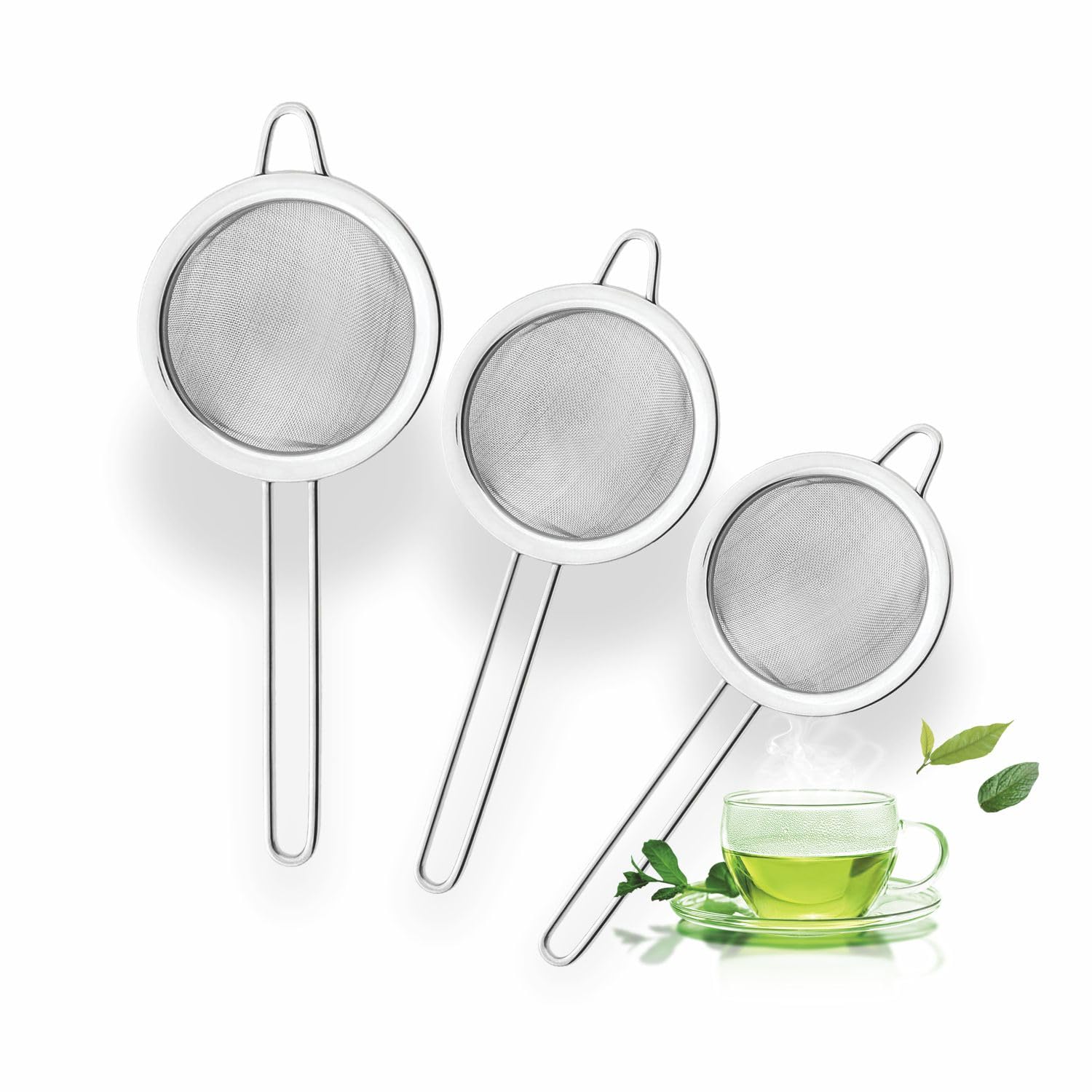 Tea Strainer Fine Mesh Seive Filter Flour Sifter Sieve Fine Wire Mesh Stainless Steel Kitchen Sieve Set for Straining Quinoa Juice Tea Jams Flour Sugar Kitchen Accessories Silver 3 Sizes
