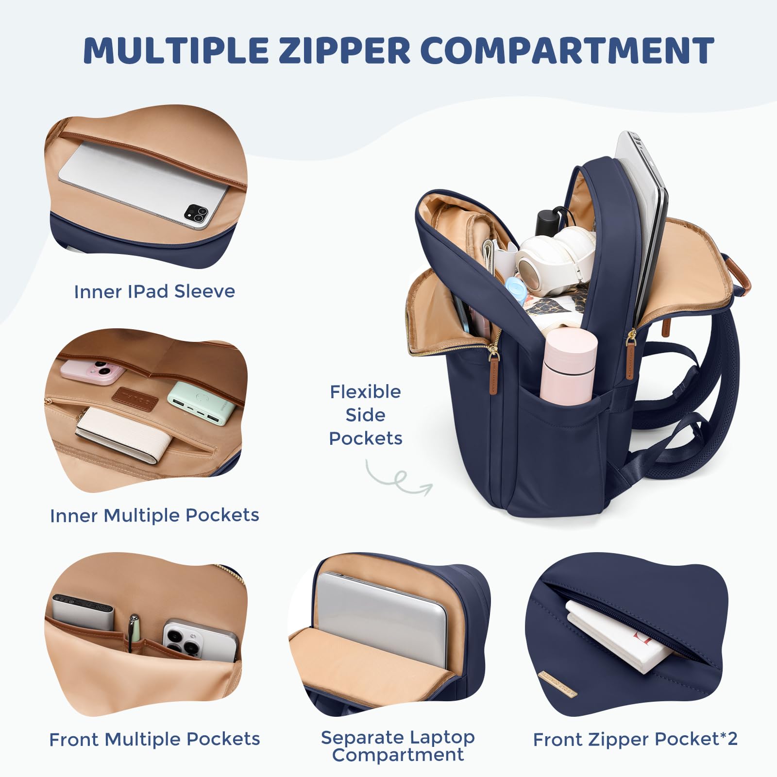 Sac à dos de voyage GOLF QUALITY pour femmes Sac de transport imperméable Sac de week-end d'affaires Sac à dos de randonnée Multicouche Sac pour ordinateur portable, 16 pouces, A-bleu marine., 16 Inch