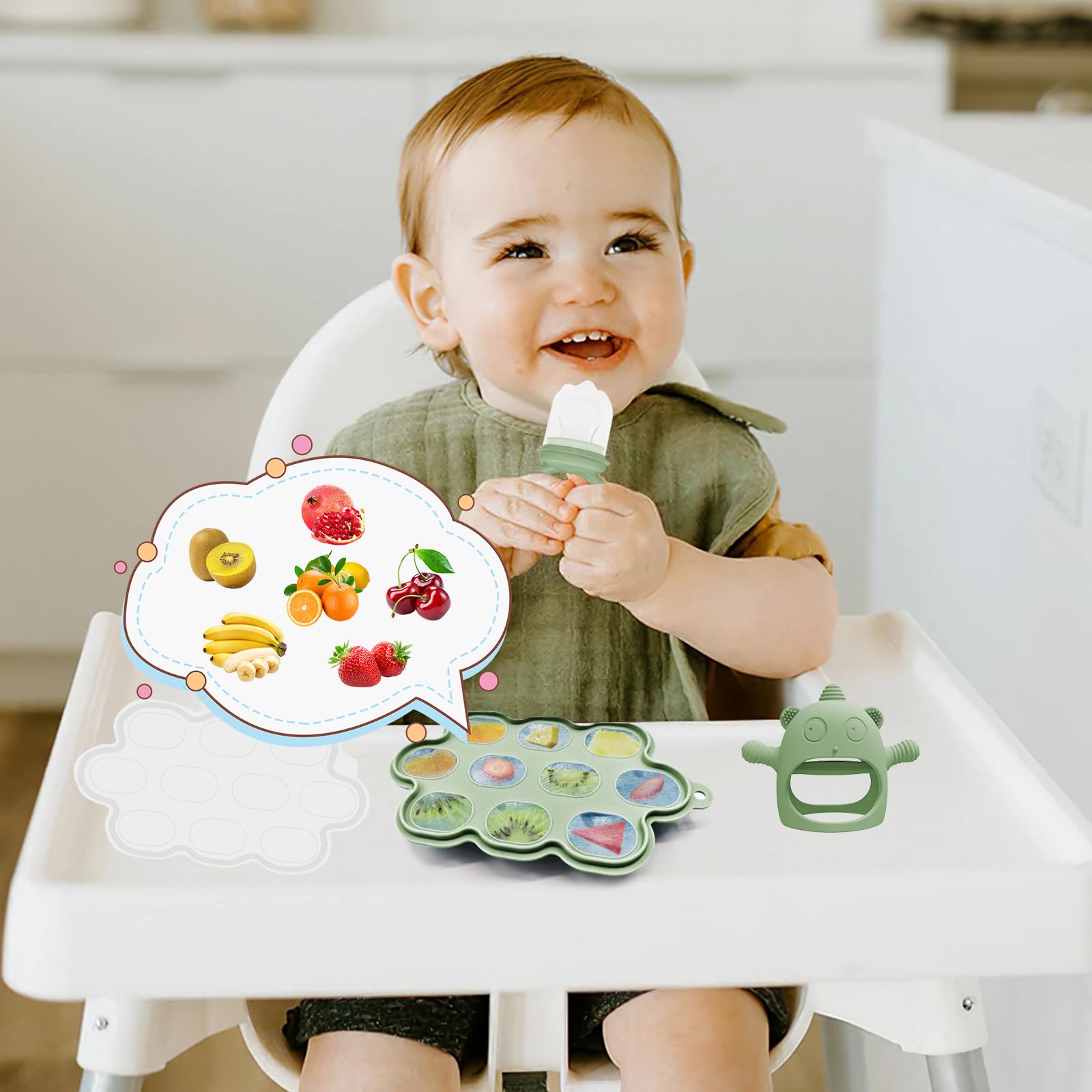 14 Pezzi Set Pappa Svezzamento, Svezzamento Set Silicone Piatto con Ventosa Piatto Ciotola Tazza Bavaglino Cucchiaio Forchetta, Set di Posate per Bambini per Lo Svezzamento e L'Alimentazione (Verde1)